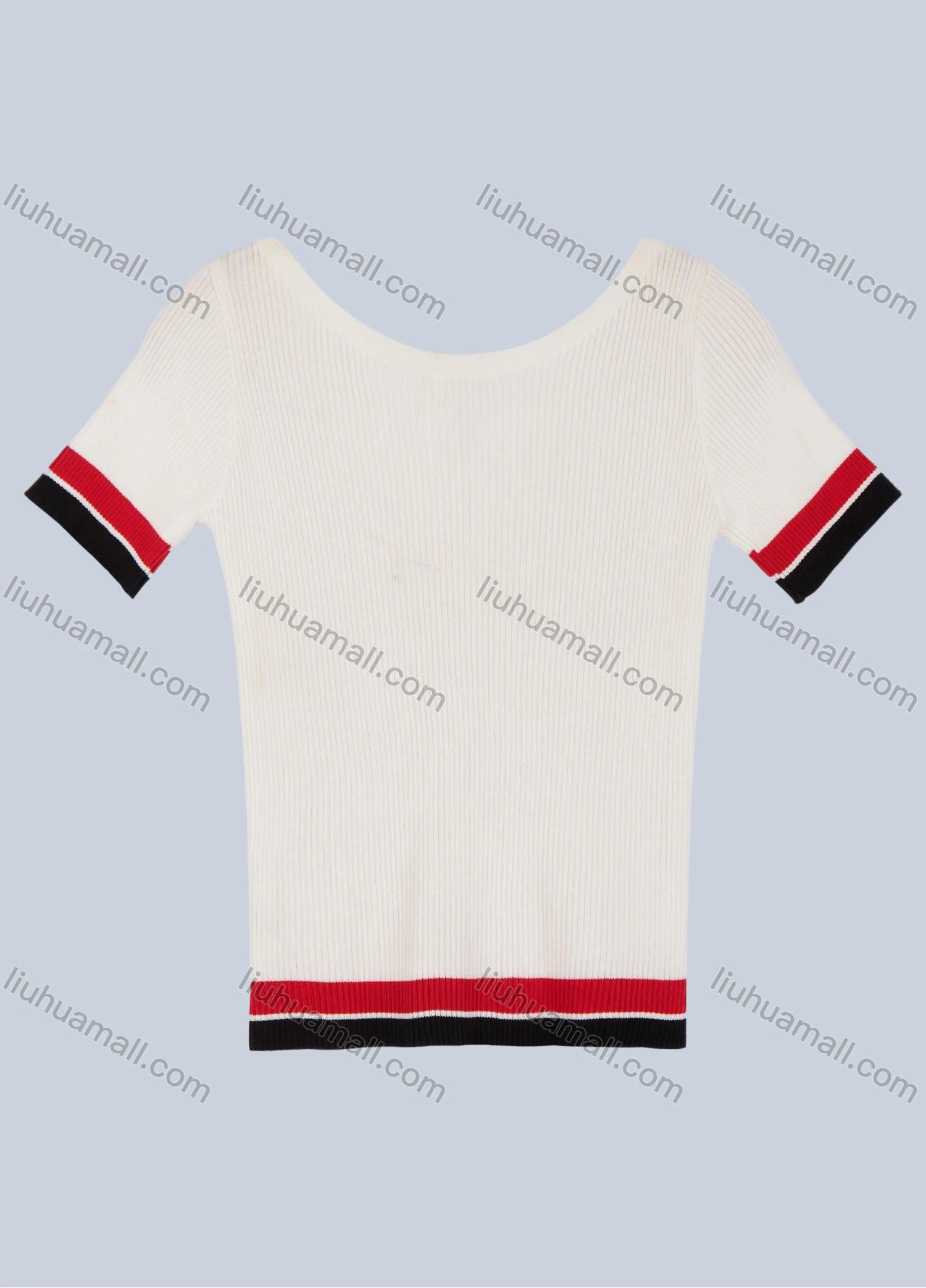 Wholesale Women's Casual Crew Neck Short Sleeve Hollow Out Striped Trim French Rib Knit Top 2821# - Liuhuamall