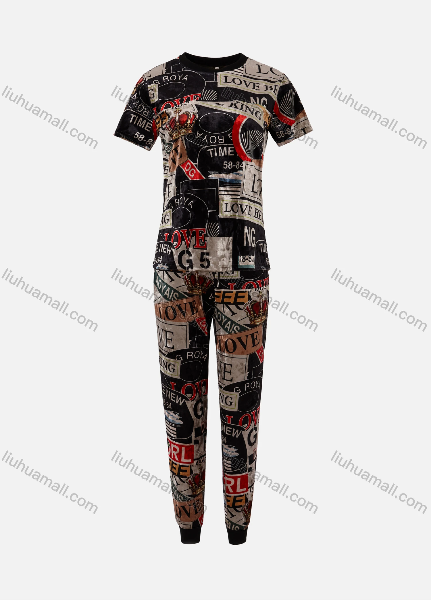 Wholesale Women's Casual Short Sleeve Label Print T-shirt&Drawstring Sweatpants Sets 619# - Liuhuamall