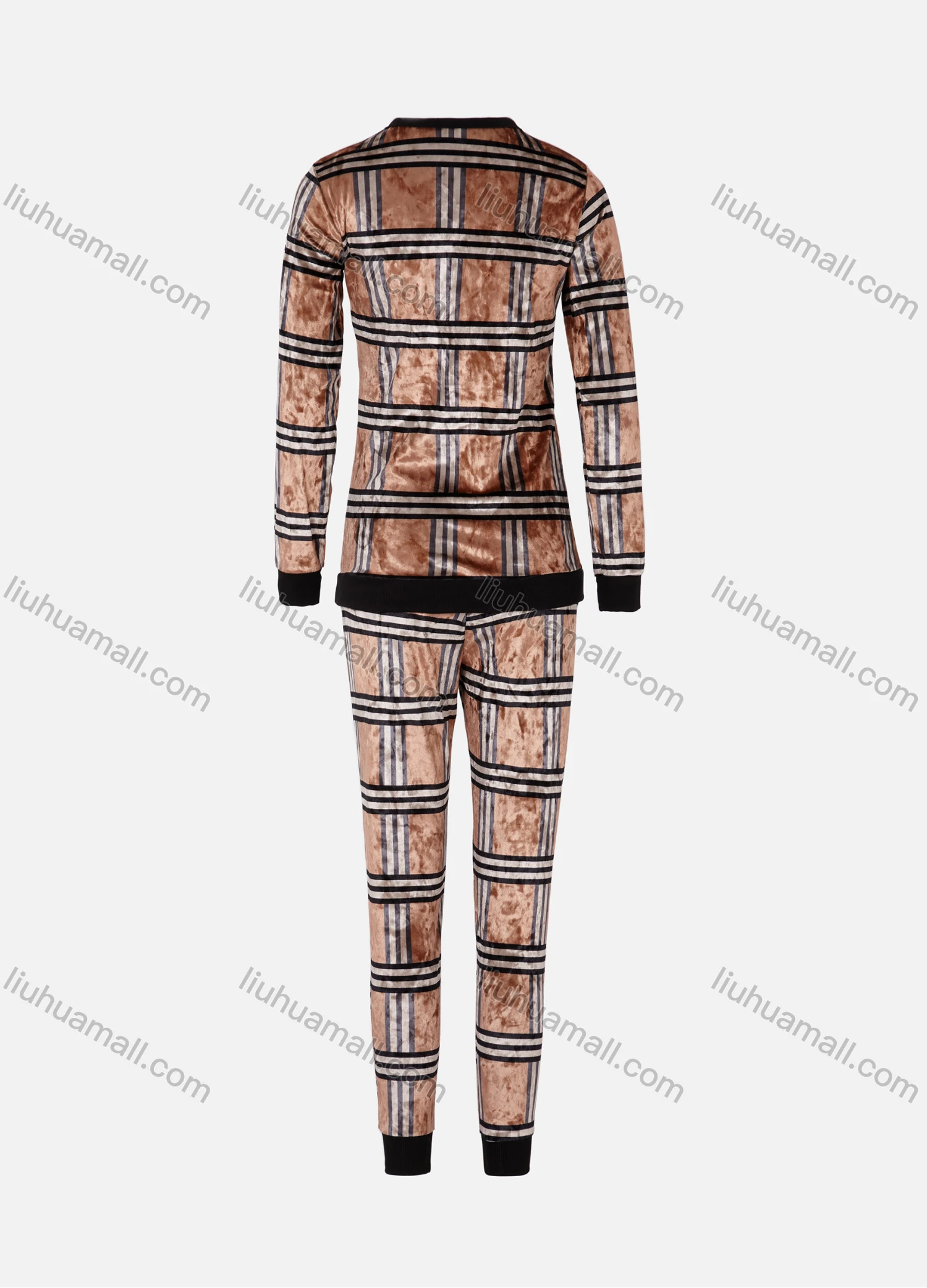 Wholesale Women's Casual Round Neck Long Sleeve Plaid Print Tops&Sweatpants Sets 619# - Liuhuamall