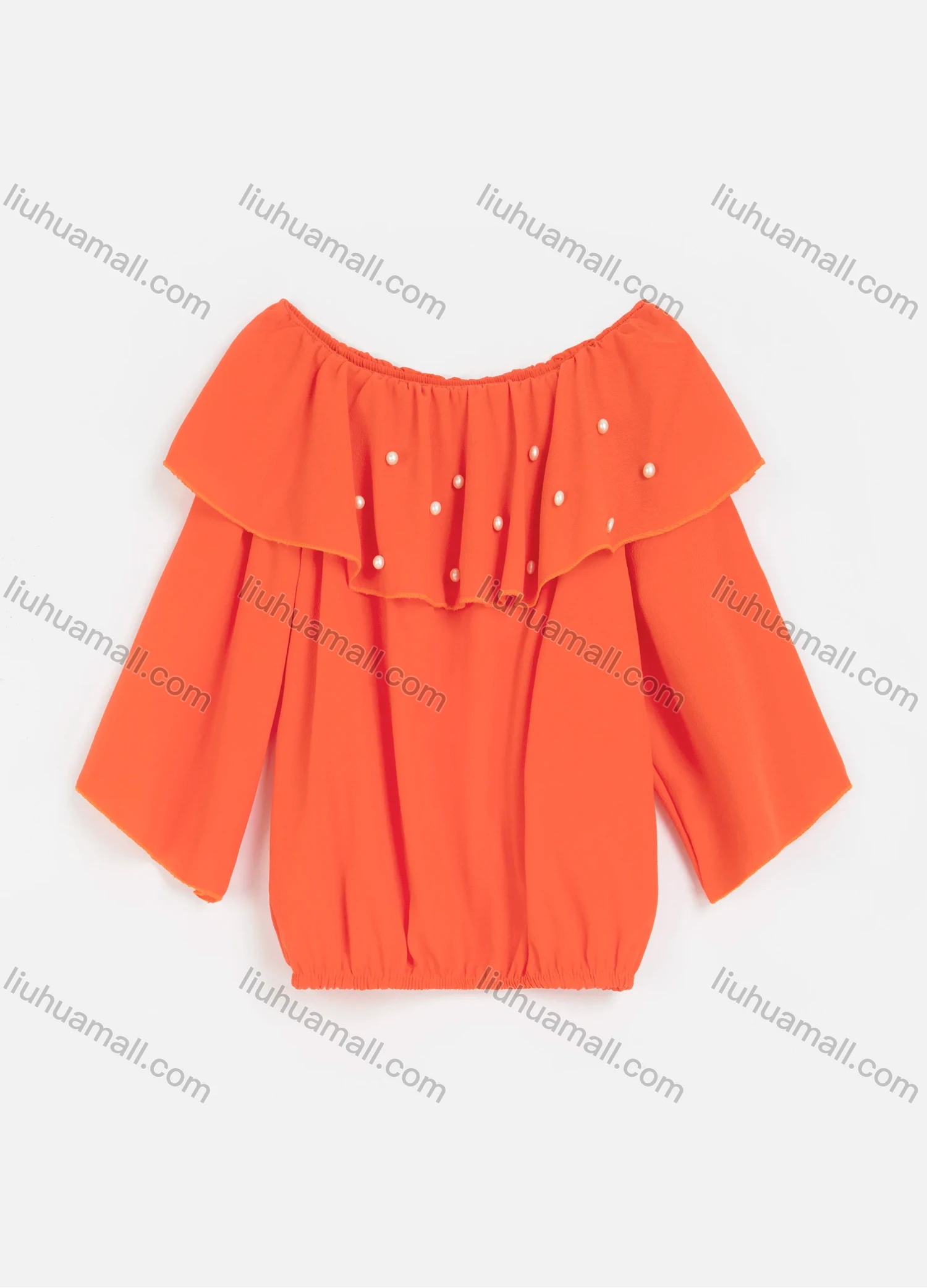 Wholesale Girls Casual Long Sleeve Off Shoulder Ruffle Pearl Decors Trim Plain Tops 110# - Liuhuamall