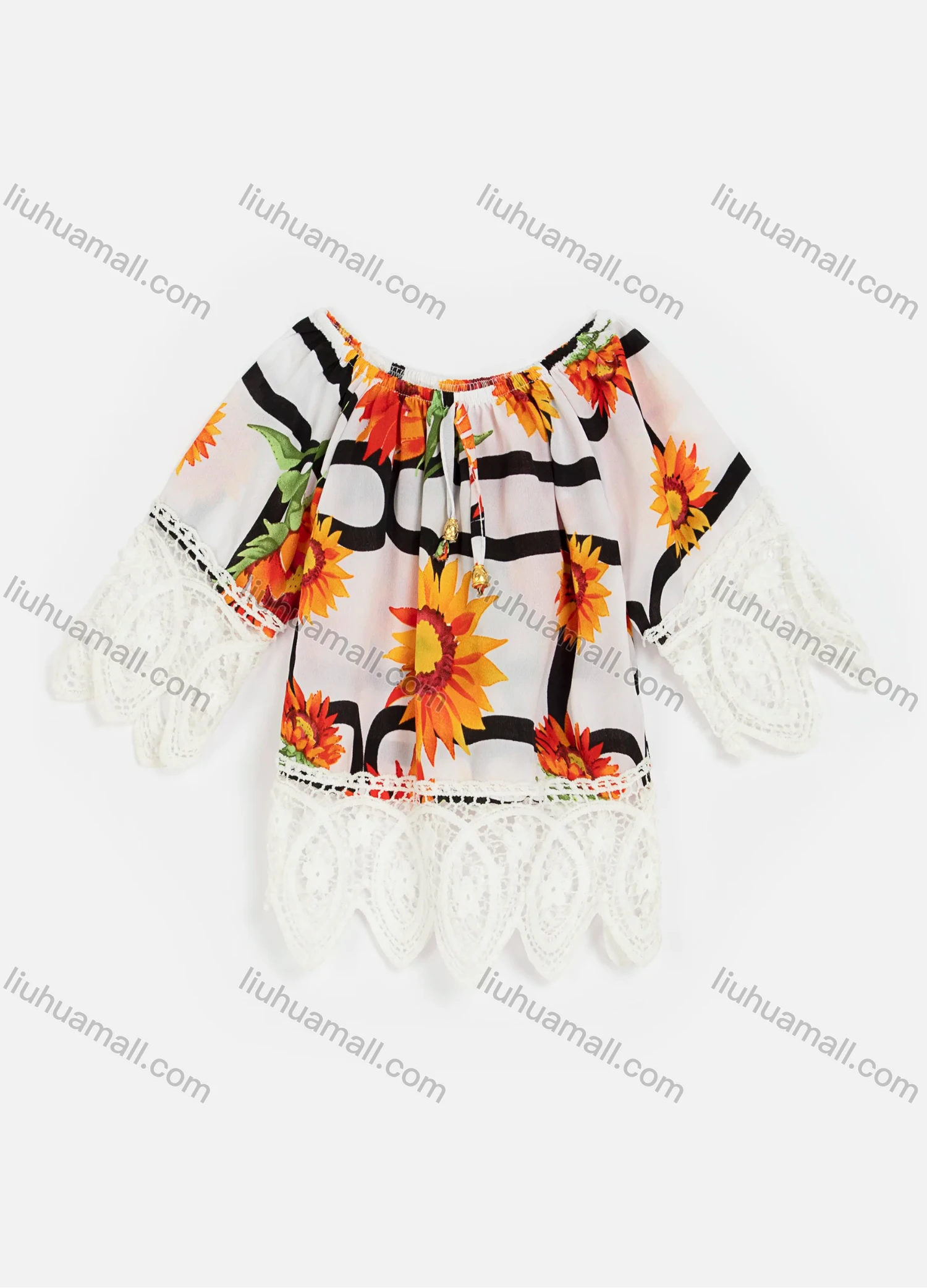 Wholesale Girls Casual Off Shoulder Lace Up Crochet Trim Guipure Lace Sunflower Print Tops 400# - Liuhuamall