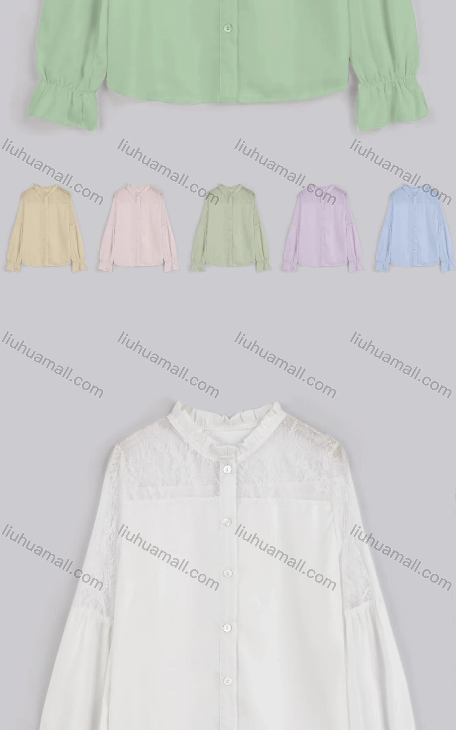 Wholesale Women's Casual Plain Ruffle Neck Poet Sleeve Sheer Lace Button Down Shirt - Liuhuamall