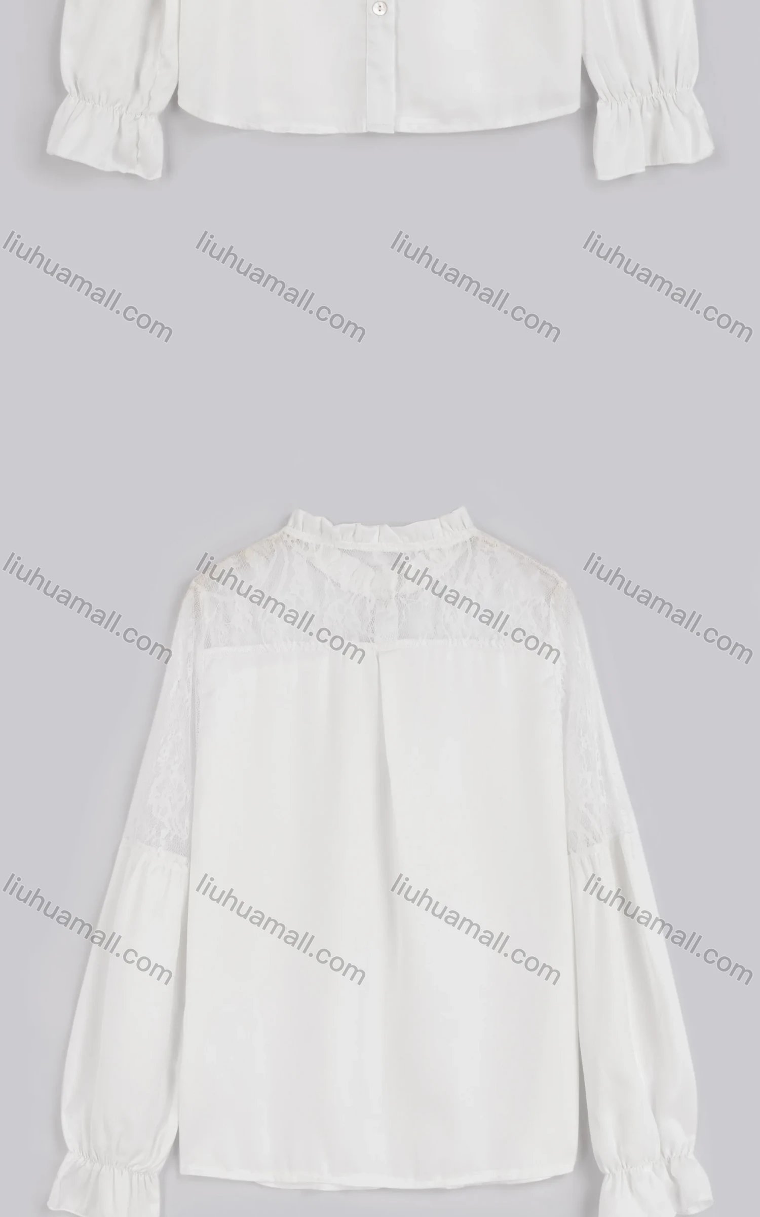 Wholesale Women's Casual Plain Ruffle Neck Poet Sleeve Sheer Lace Button Down Shirt - Liuhuamall