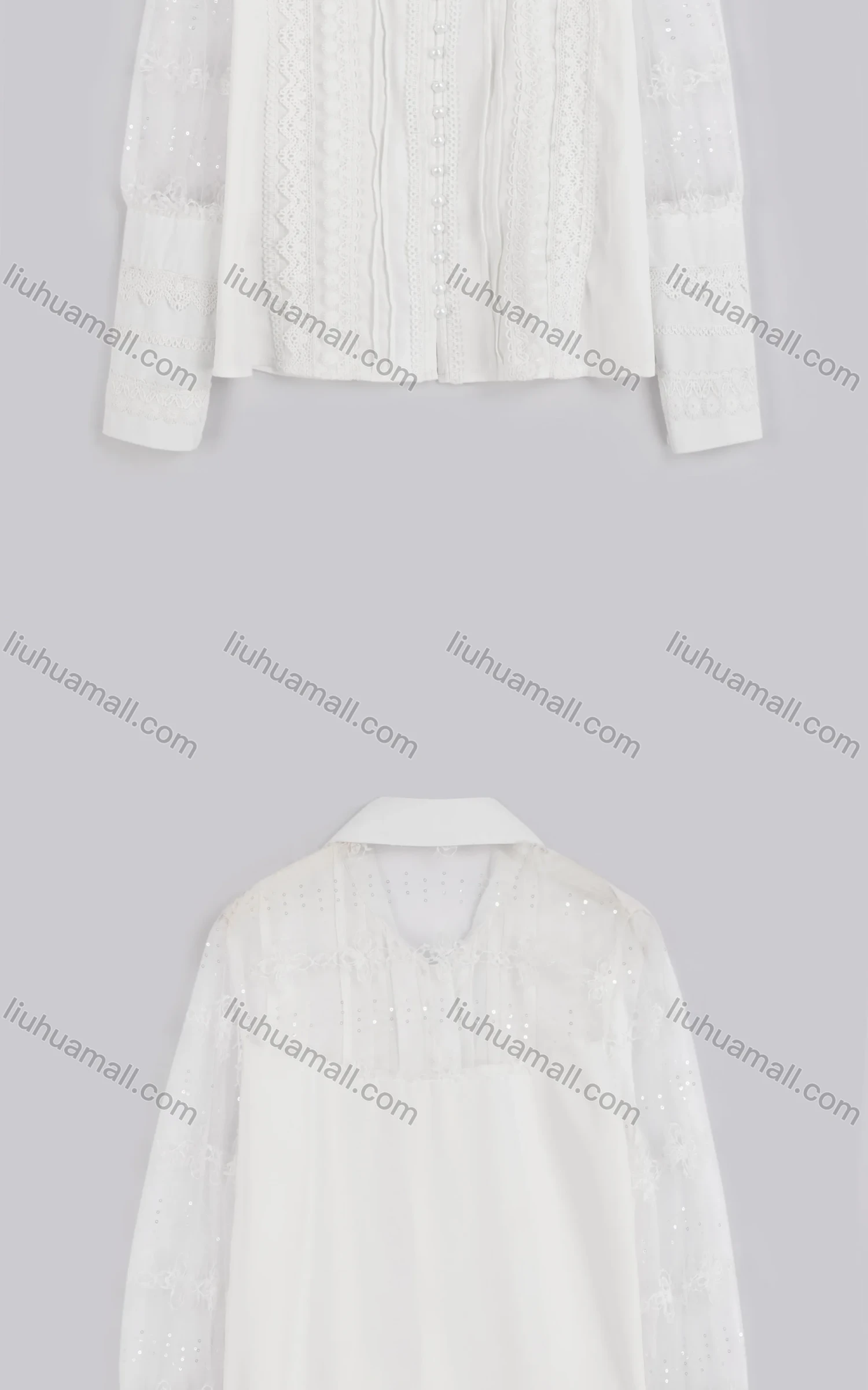 Wholesale Women's Casual Plain Lace Appliques Pearl Button Down Long Sleeve Shirt - Liuhuamall