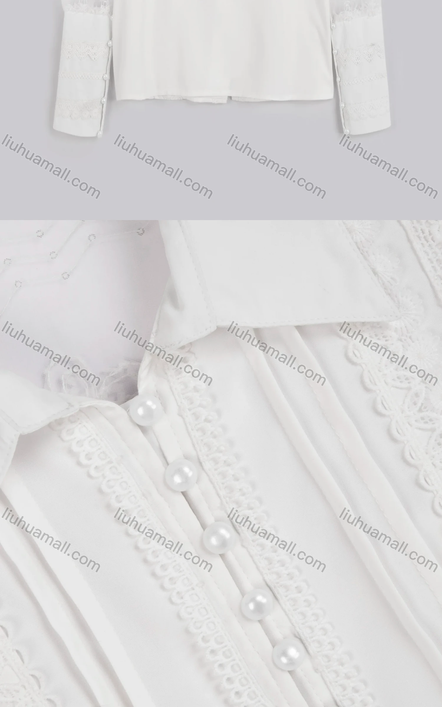 Wholesale Women's Casual Plain Lace Appliques Pearl Button Down Long Sleeve Shirt - Liuhuamall