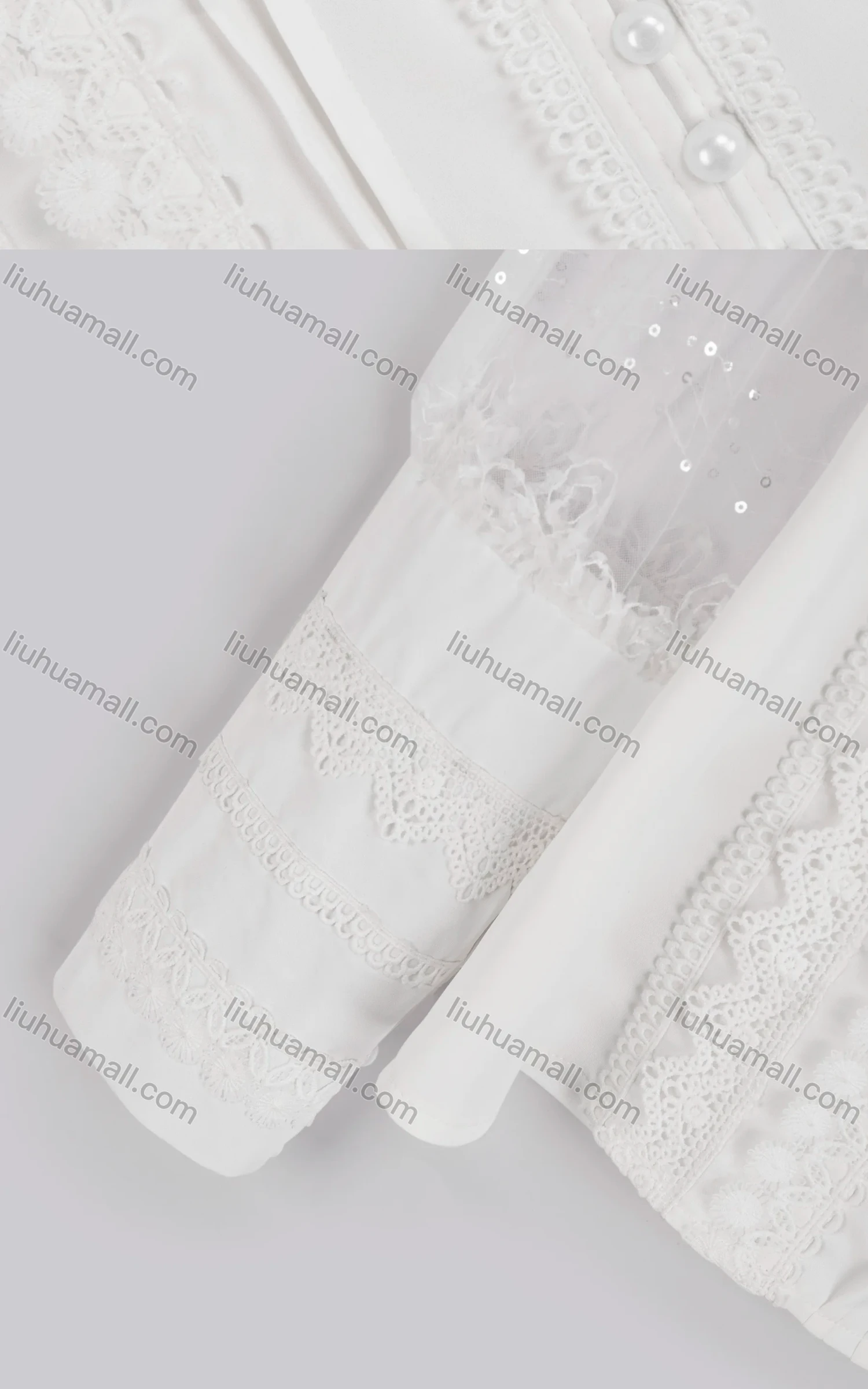Wholesale Women's Casual Plain Lace Appliques Pearl Button Down Long Sleeve Shirt - Liuhuamall
