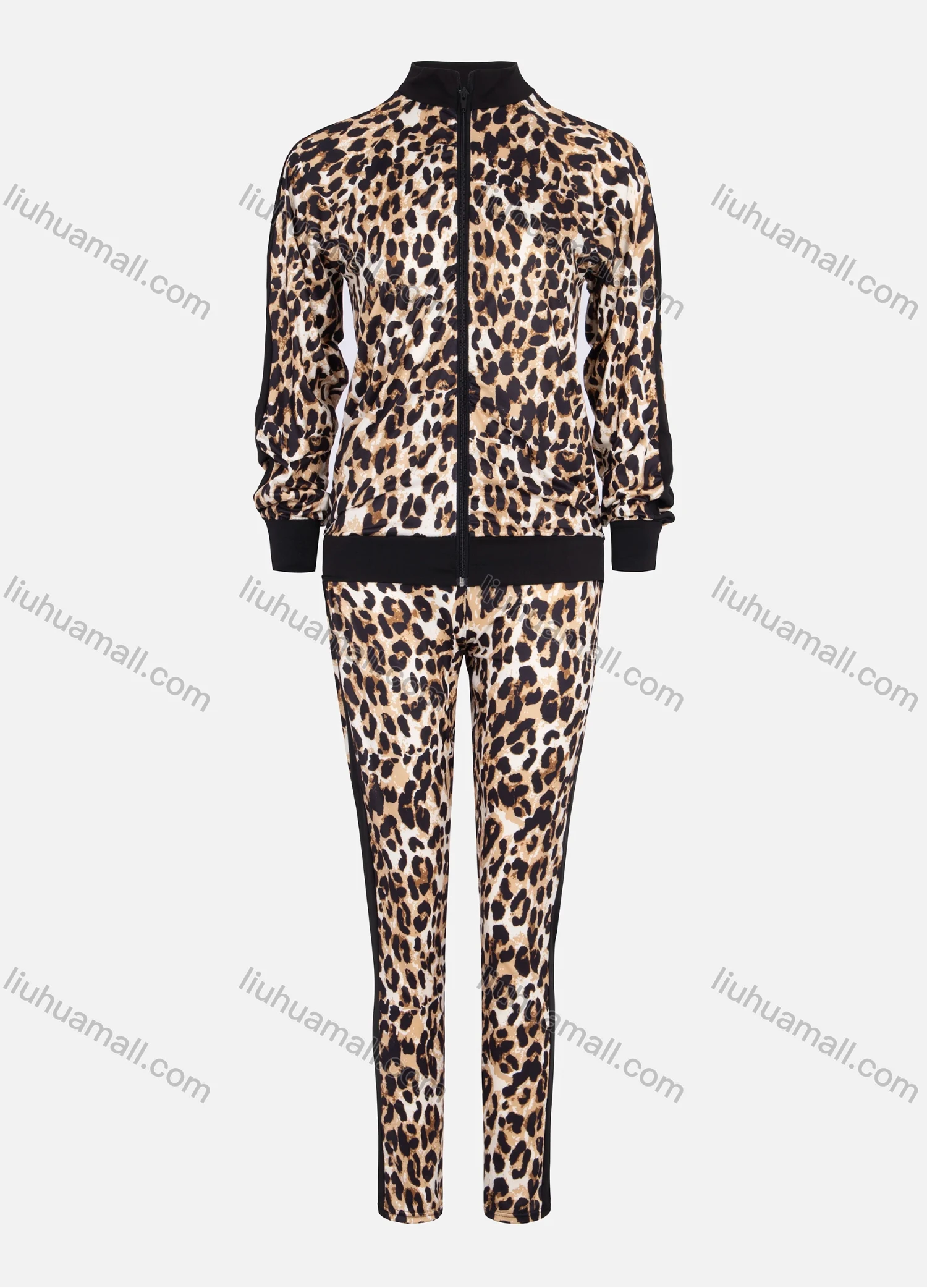 Wholesale Women's Long Sleeve Leopard Print Zip Jacket 2 Piece Set 211202# - Liuhuamall