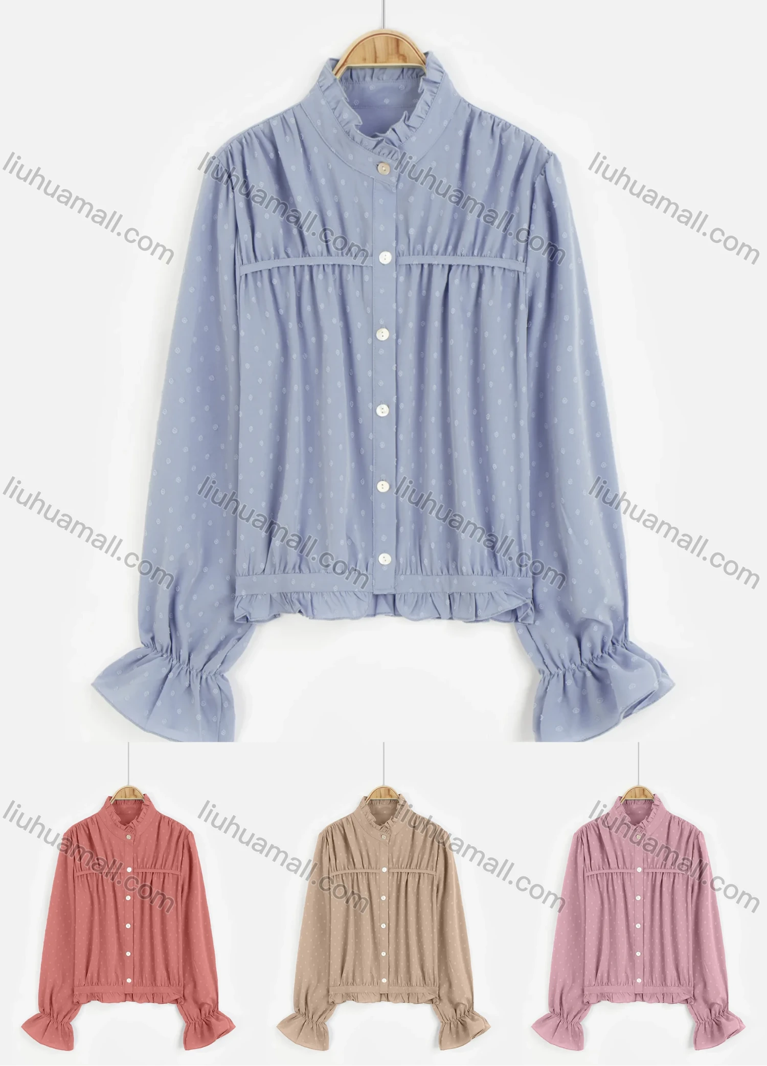 Wholesale Women's Casual Polka Dot Poet Sleeve Button Down Ruffle Hem Shirt - Liuhuamall