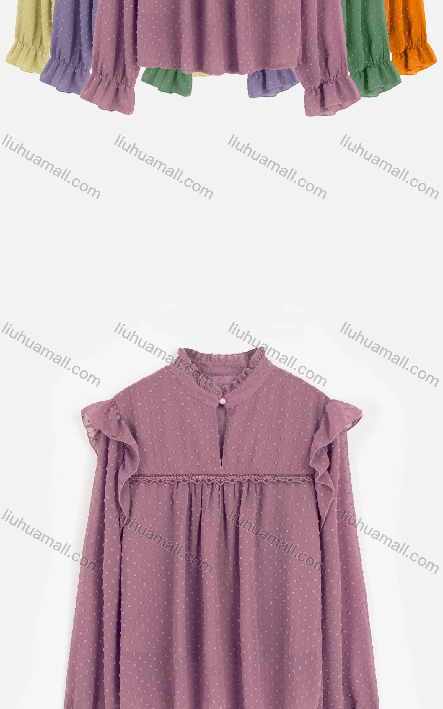 Wholesale Women's Casual Plain Chiffon Ruffle Neck Jacquard Swiss Dot Ruffle Trim Sheer Mesh Blouse - Liuhuamall
