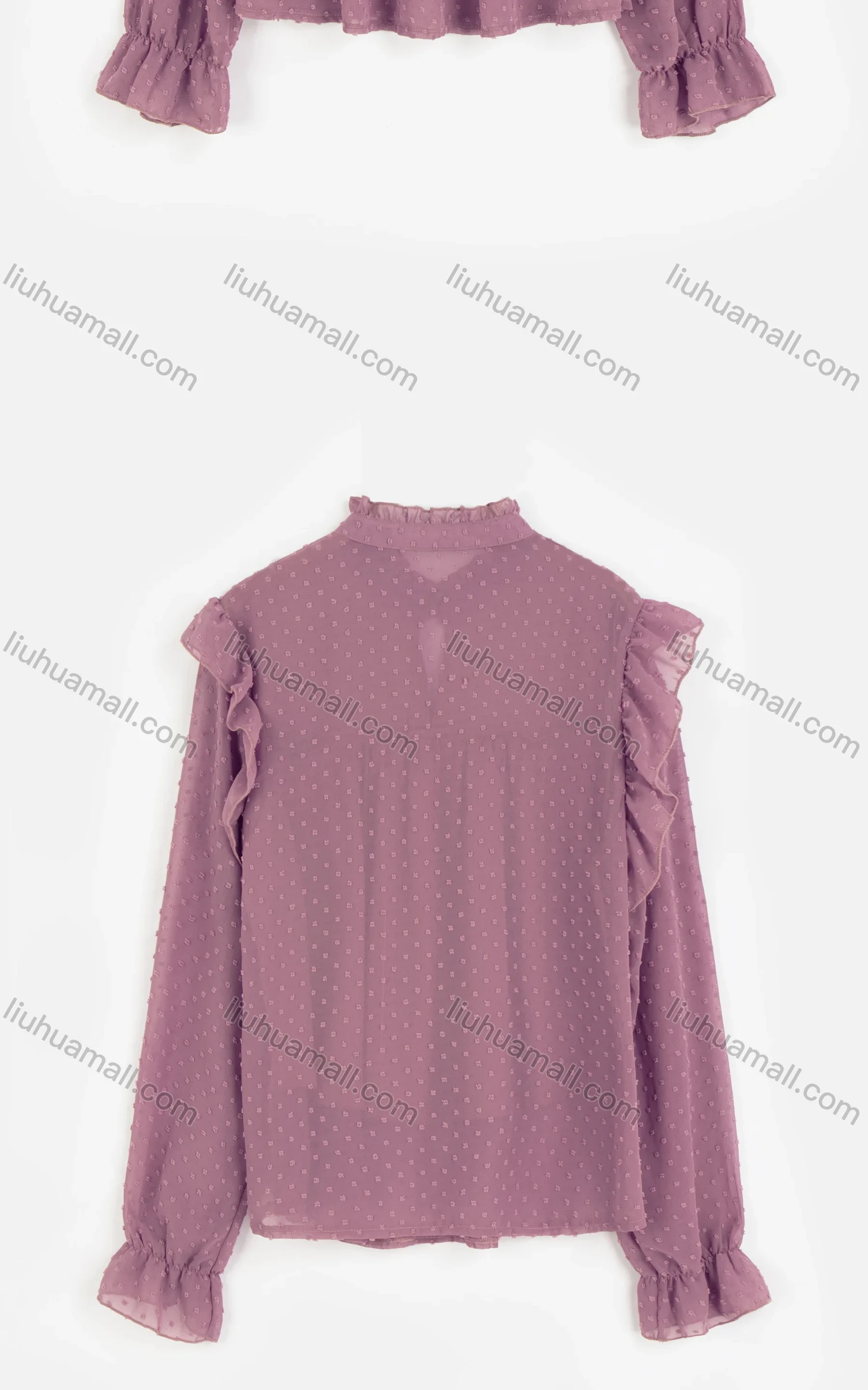 Wholesale Women's Casual Plain Chiffon Ruffle Neck Jacquard Swiss Dot Ruffle Trim Sheer Mesh Blouse - Liuhuamall