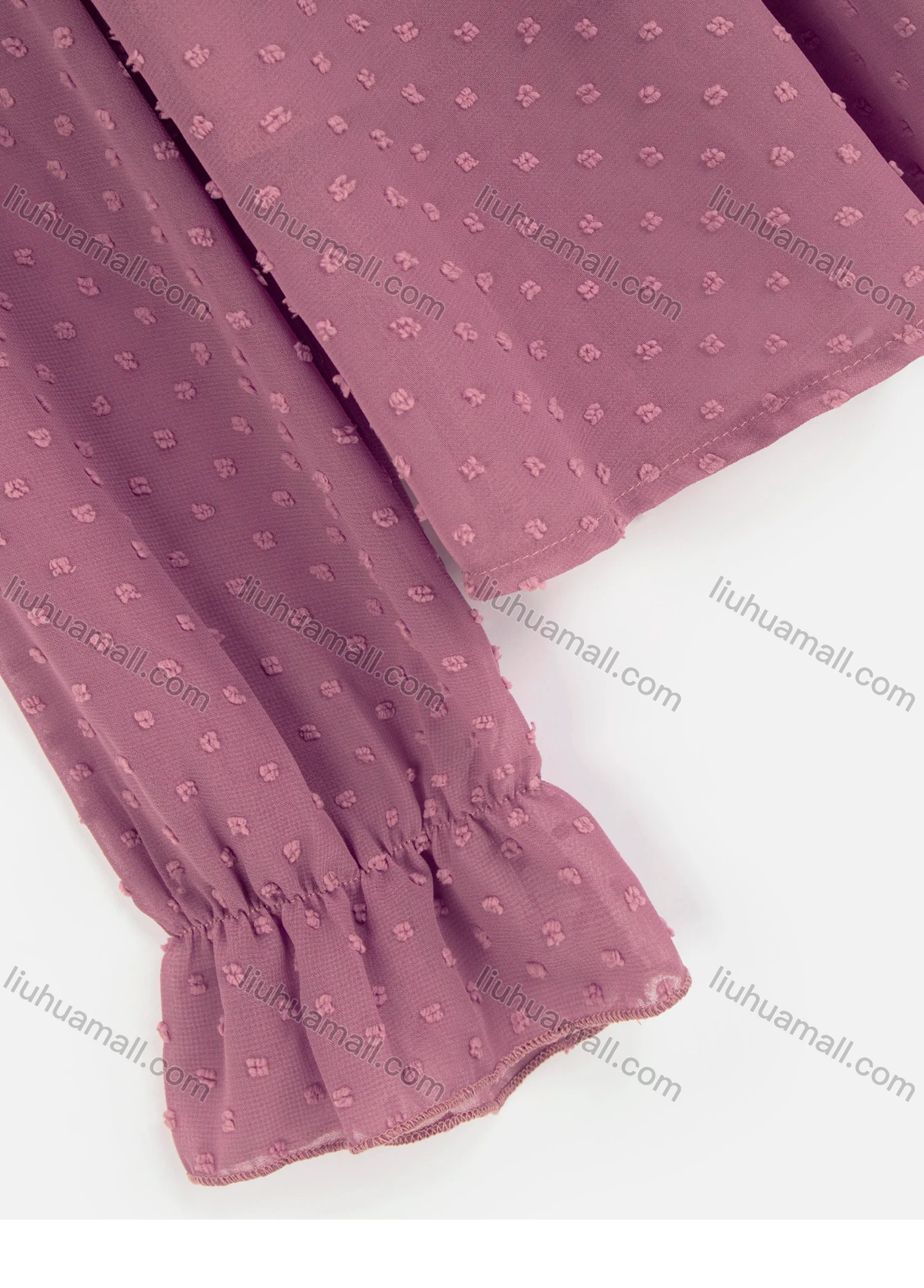Wholesale Women's Casual Plain Chiffon Ruffle Neck Jacquard Swiss Dot Ruffle Trim Sheer Mesh Blouse - Liuhuamall