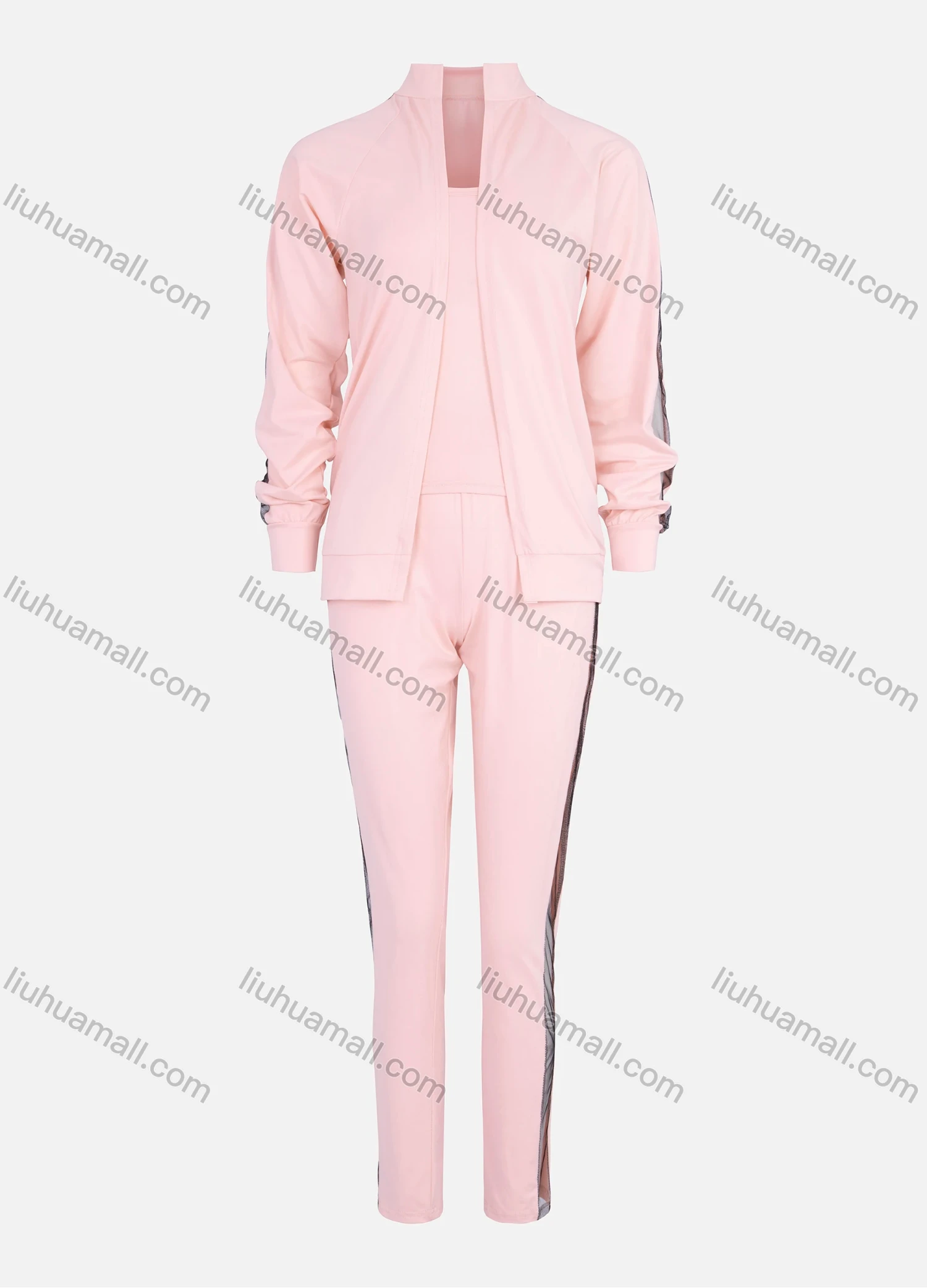 Wholesale Women's Side Mesh See Through Long Sleeve Jacket 3 Piece Set 211201# - Liuhuamall