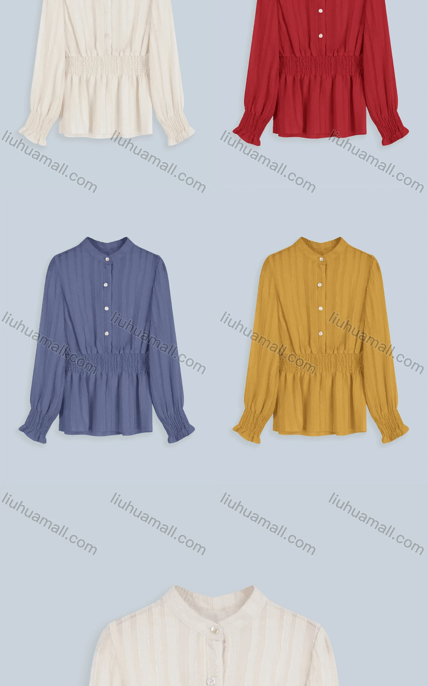 Wholesale Women's Casual Plain Chiffon Shirred Poet Sleeve Button Front Tunic - Liuhuamall