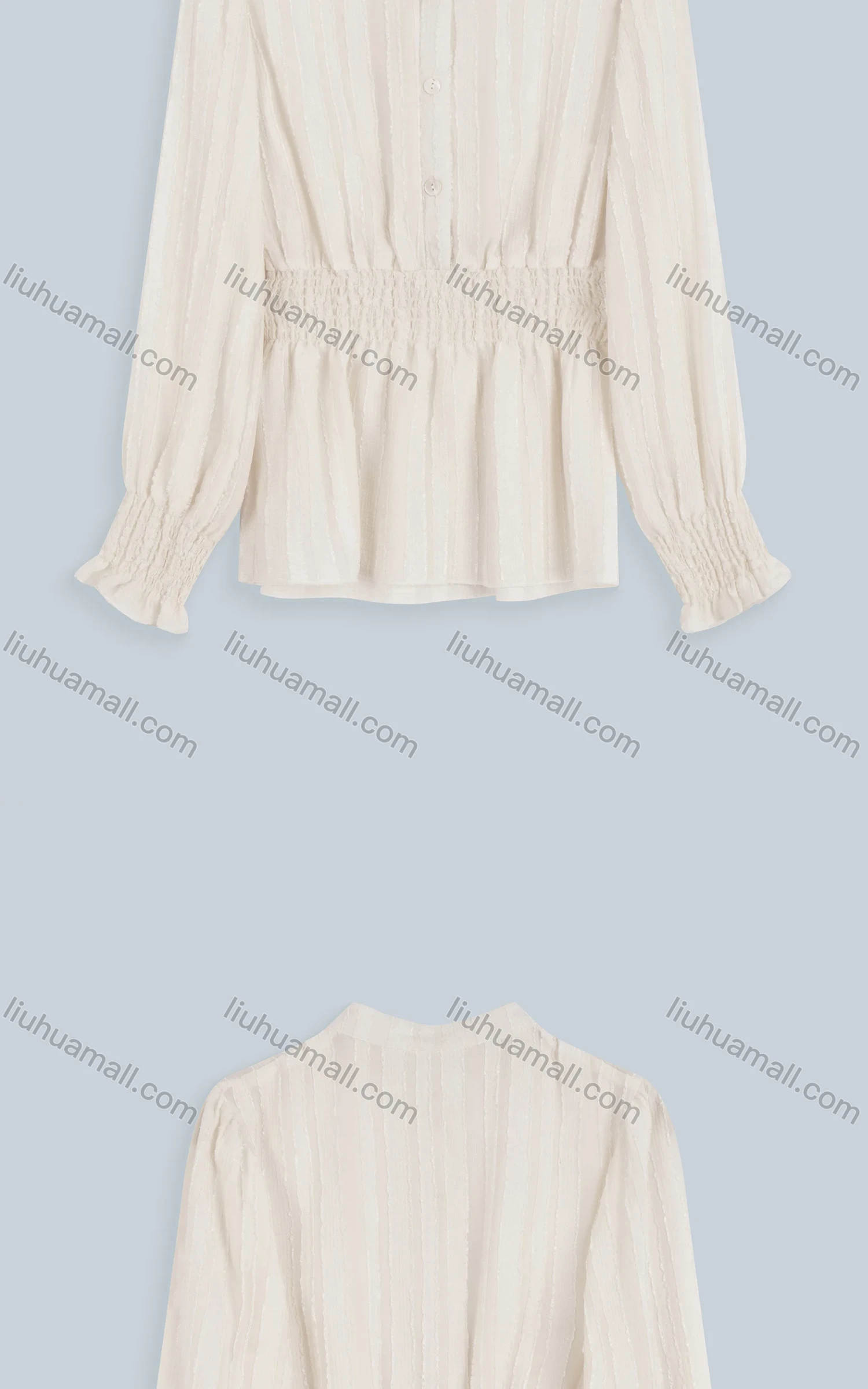 Wholesale Women's Casual Plain Chiffon Shirred Poet Sleeve Button Front Tunic - Liuhuamall