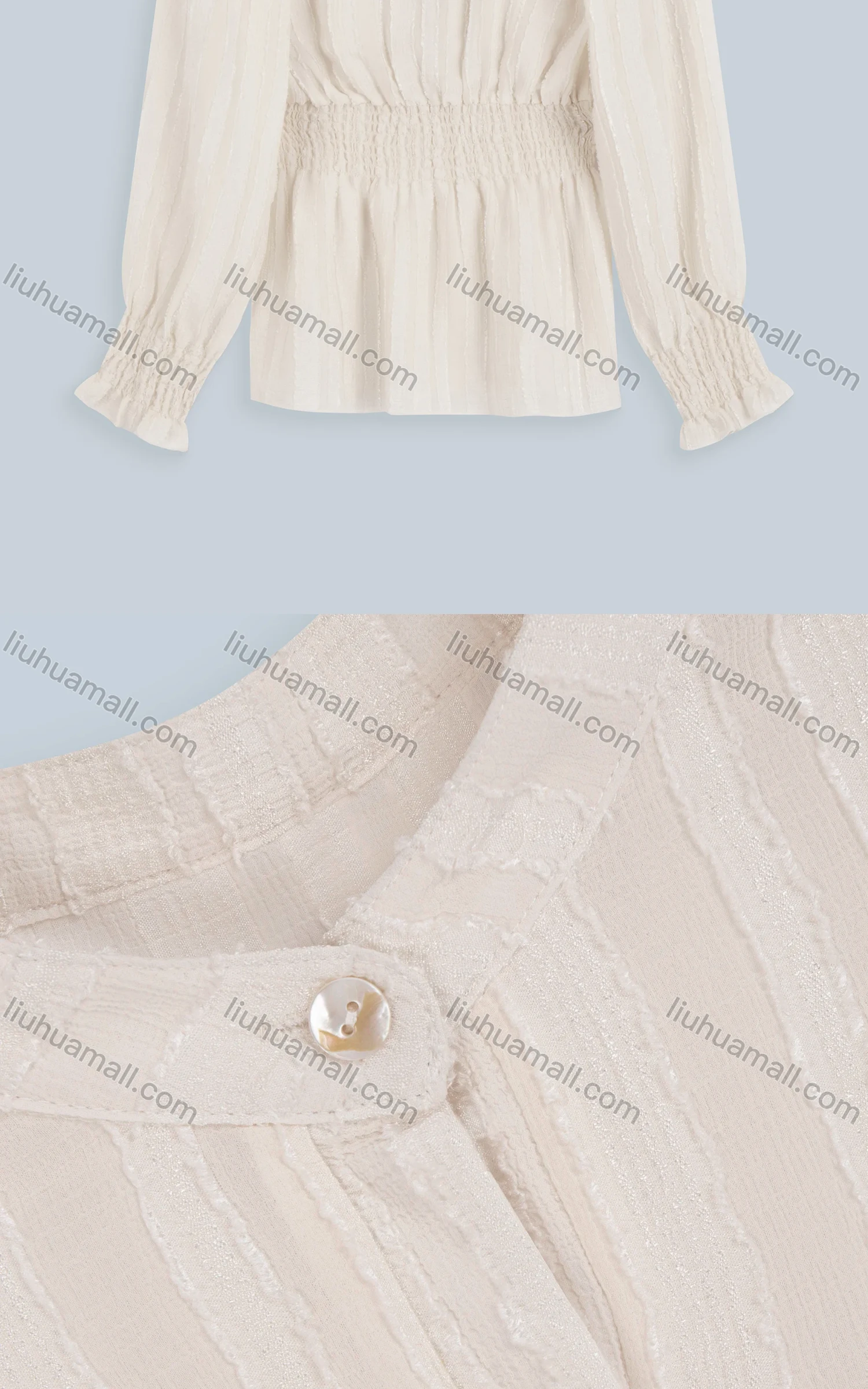 Wholesale Women's Casual Plain Chiffon Shirred Poet Sleeve Button Front Tunic - Liuhuamall