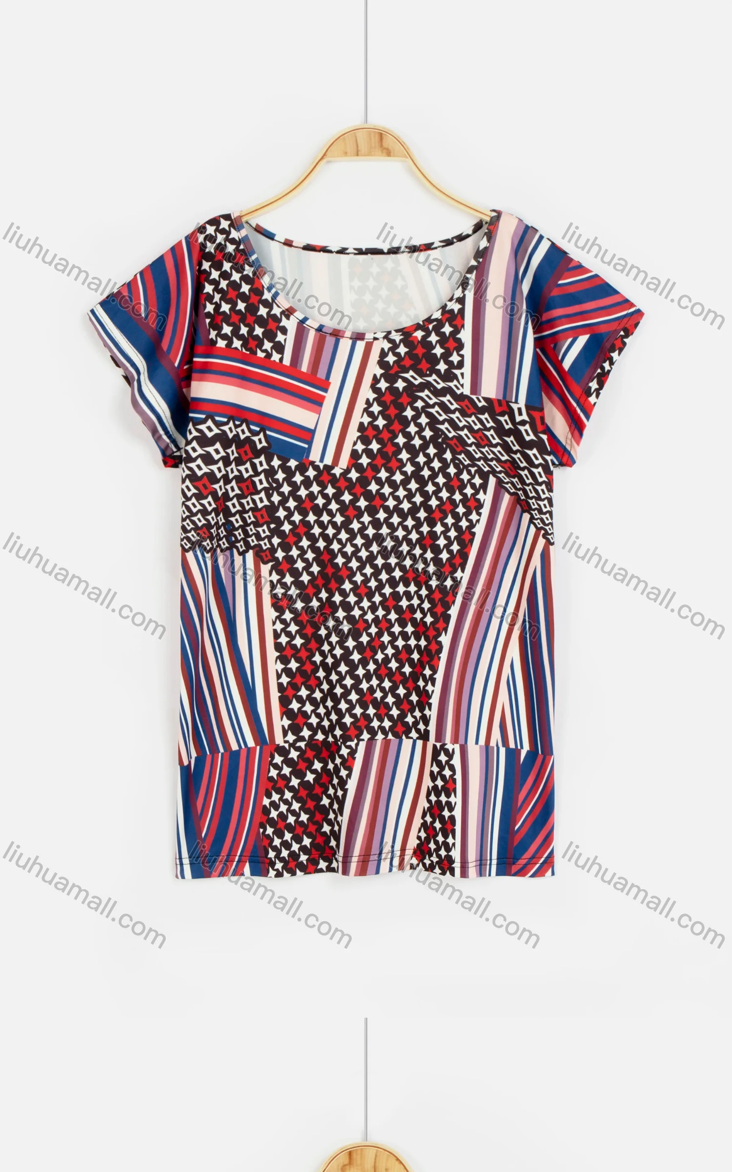 Wholesale Women's Casual Allover Print Scoop-Neck Short Sleeve Patchwork Blouse - Liuhuamall