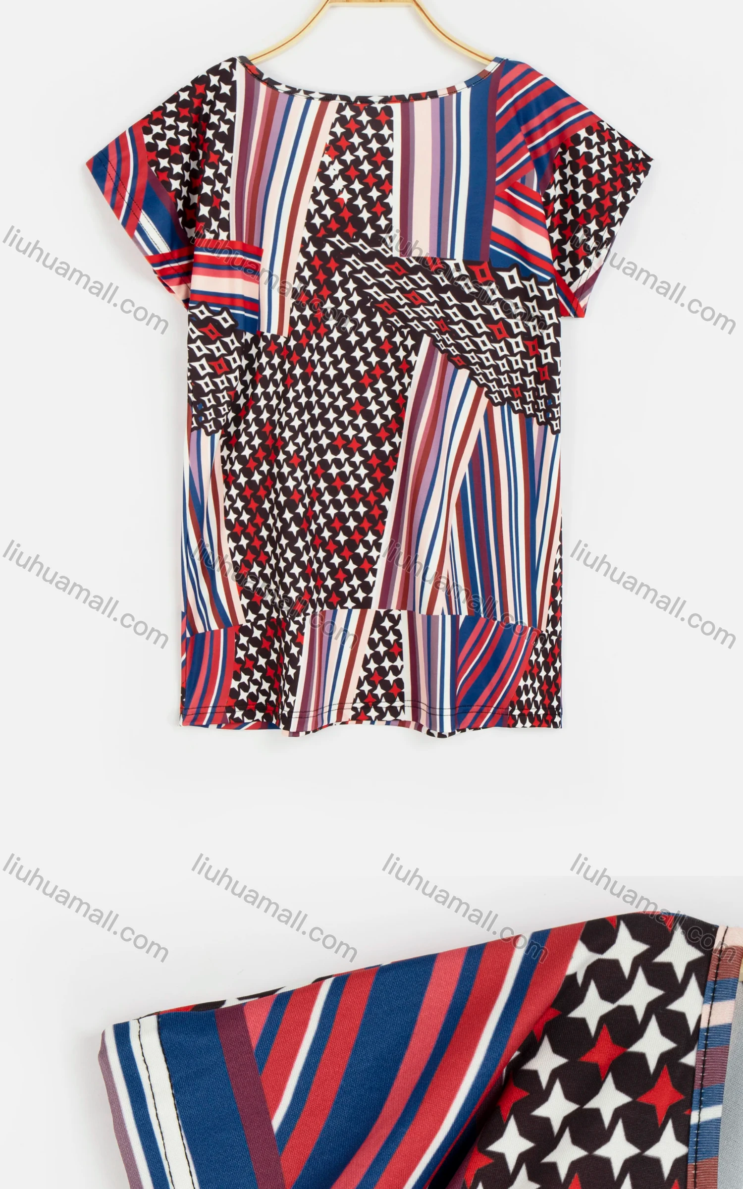 Wholesale Women's Casual Allover Print Scoop-Neck Short Sleeve Patchwork Blouse - Liuhuamall