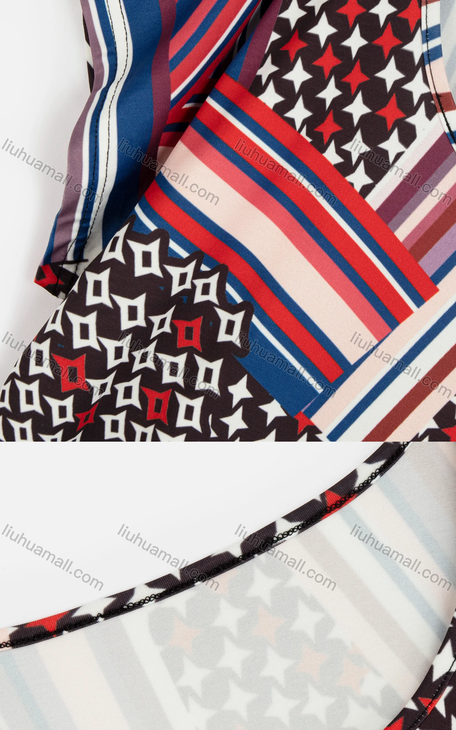 Wholesale Women's Casual Allover Print Scoop-Neck Short Sleeve Patchwork Blouse - Liuhuamall