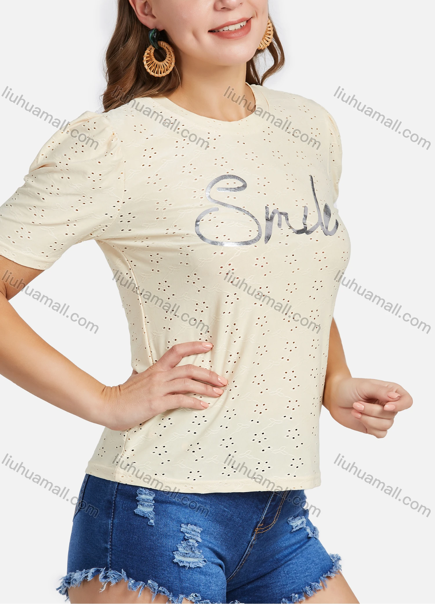 Wholesale Women's Casual Puff Sleeve Letter Hollow Out Tops - Liuhuamall