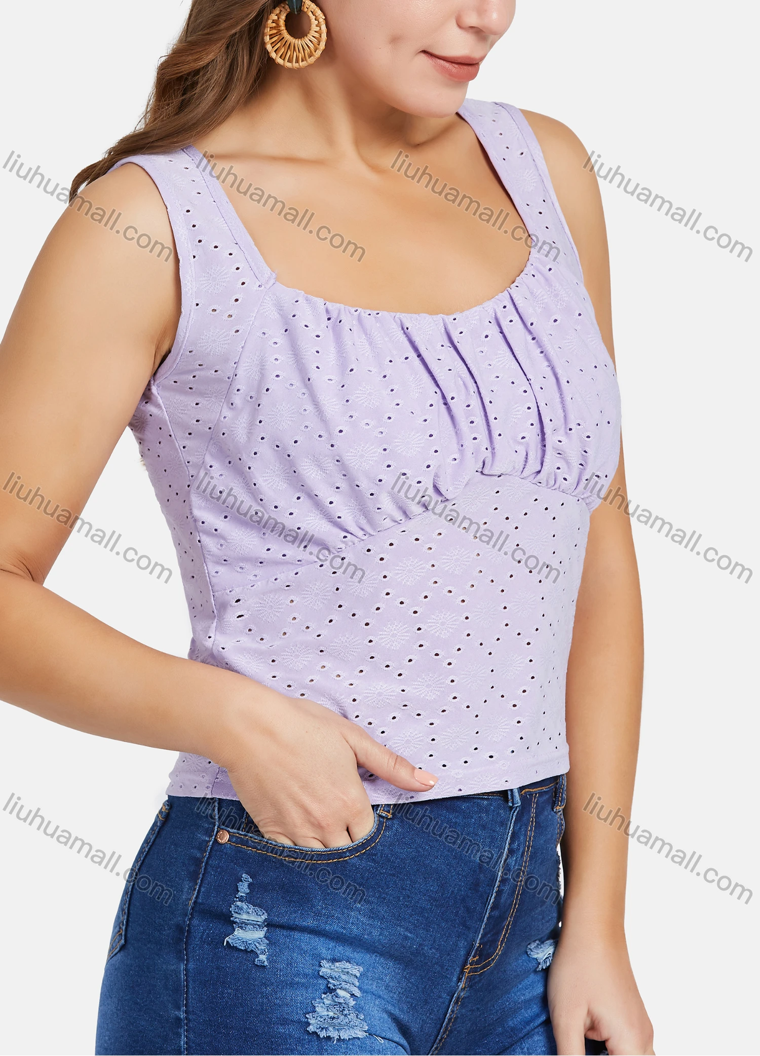 Wholesale Women's Casual Square Neck Ruched Hollow Out Crop Sleeveless Tops - Liuhuamall