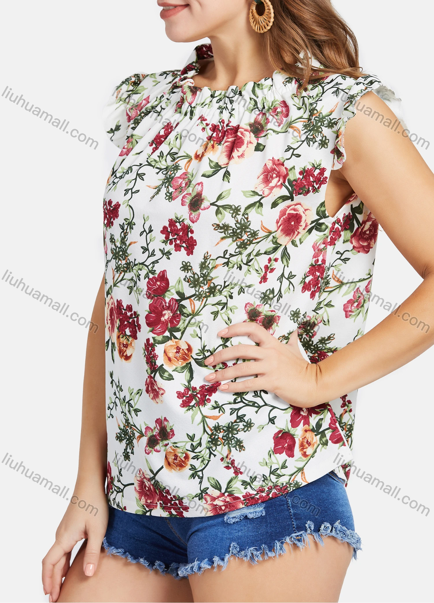 Wholesale Women's Elegant Ruffle Neck Sleeveless Ruffle Trim Floral Print Tops - Liuhuamall