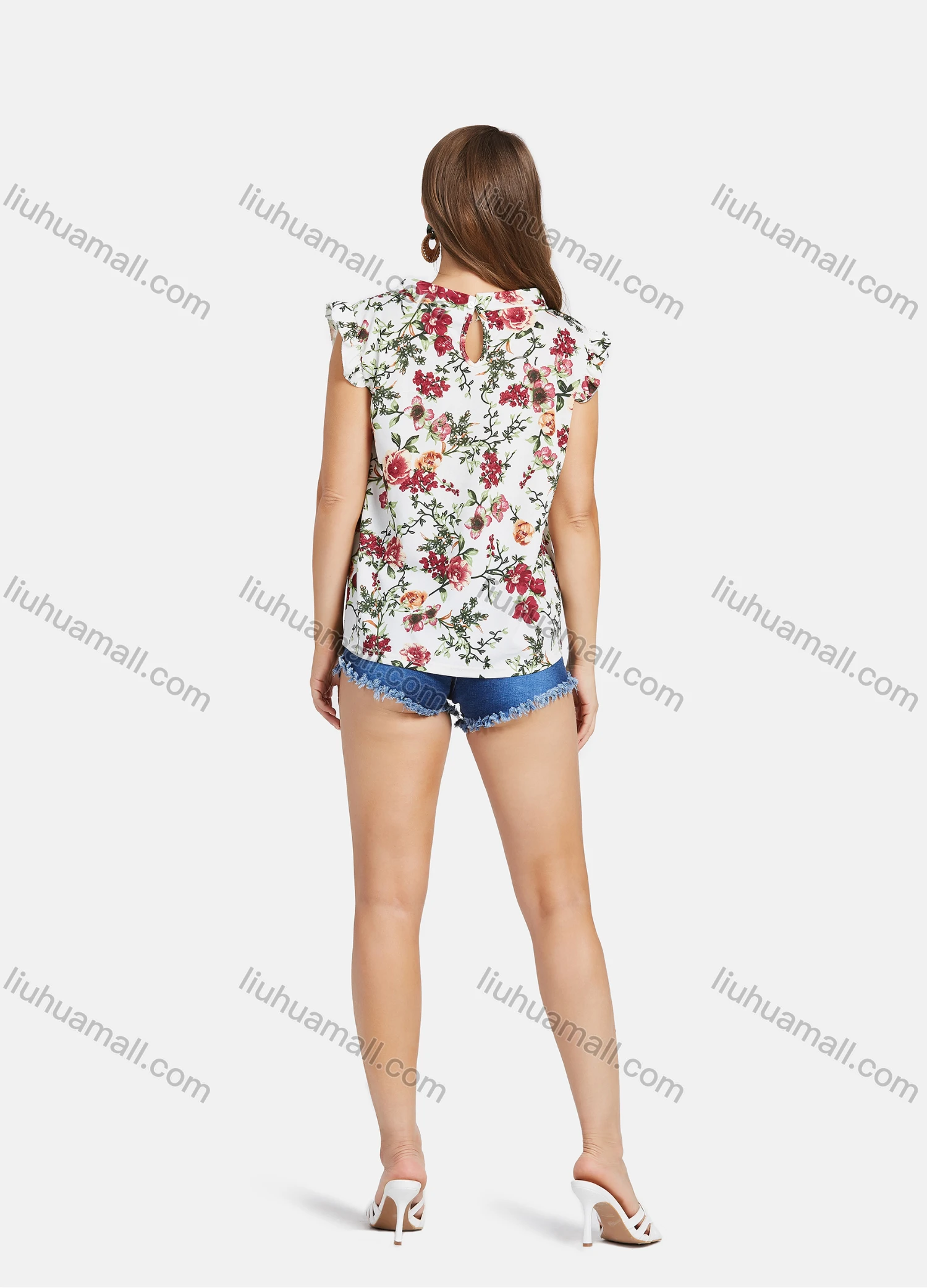 Wholesale Women's Elegant Ruffle Neck Sleeveless Ruffle Trim Floral Print Tops - Liuhuamall