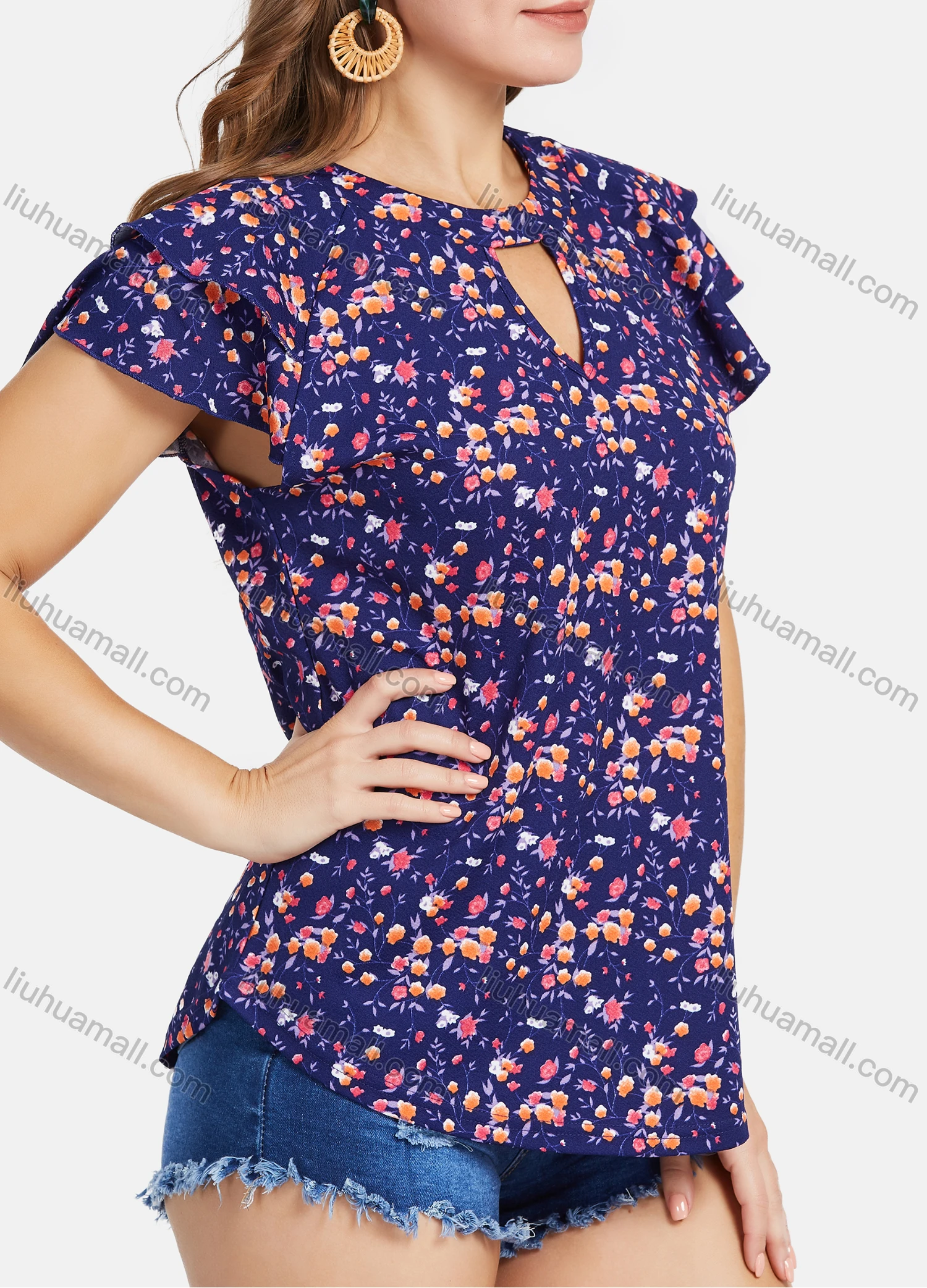 Wholesale Women's Casual Ruffle Sleeve Chested Cutout Curve Hem Floral Print Tops - Liuhuamall