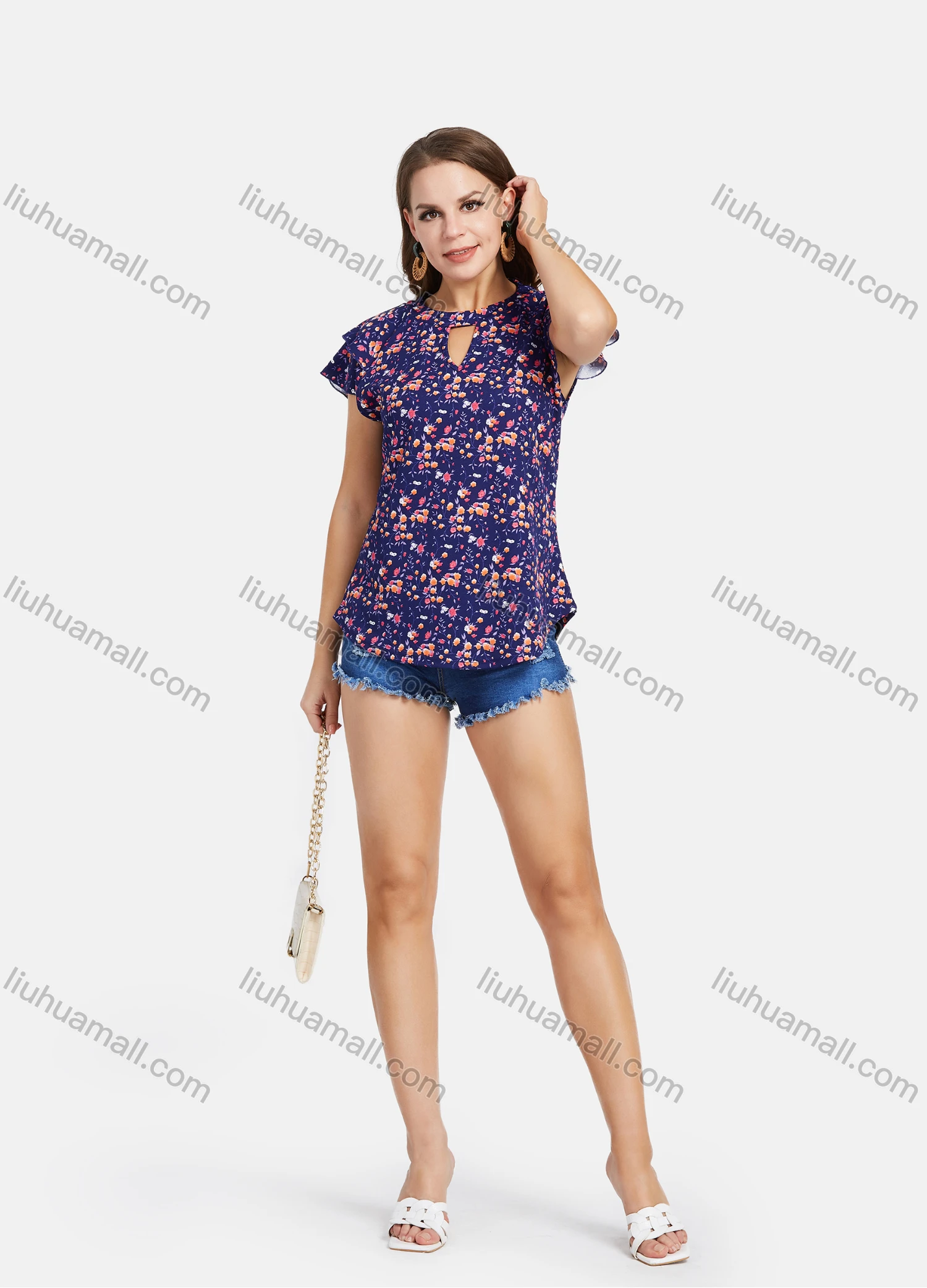 Wholesale Women's Casual Ruffle Sleeve Chested Cutout Curve Hem Floral Print Tops - Liuhuamall