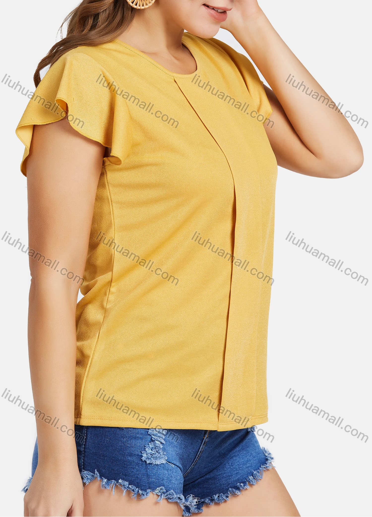 Wholesale Women's Casual Round Neck Ruffle Sleeve Plain Tops - Liuhuamall