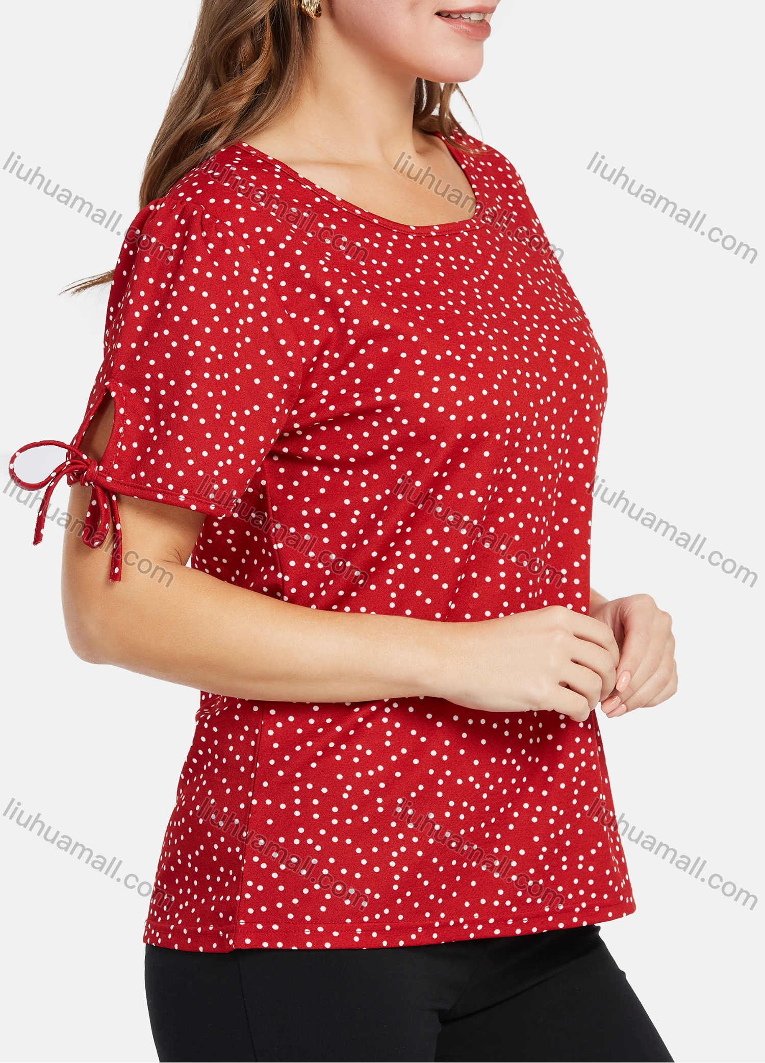 Wholesale Women's Casual Square Neck Short Sleeve Bow Tie Pin Dot Print Tops - Liuhuamall