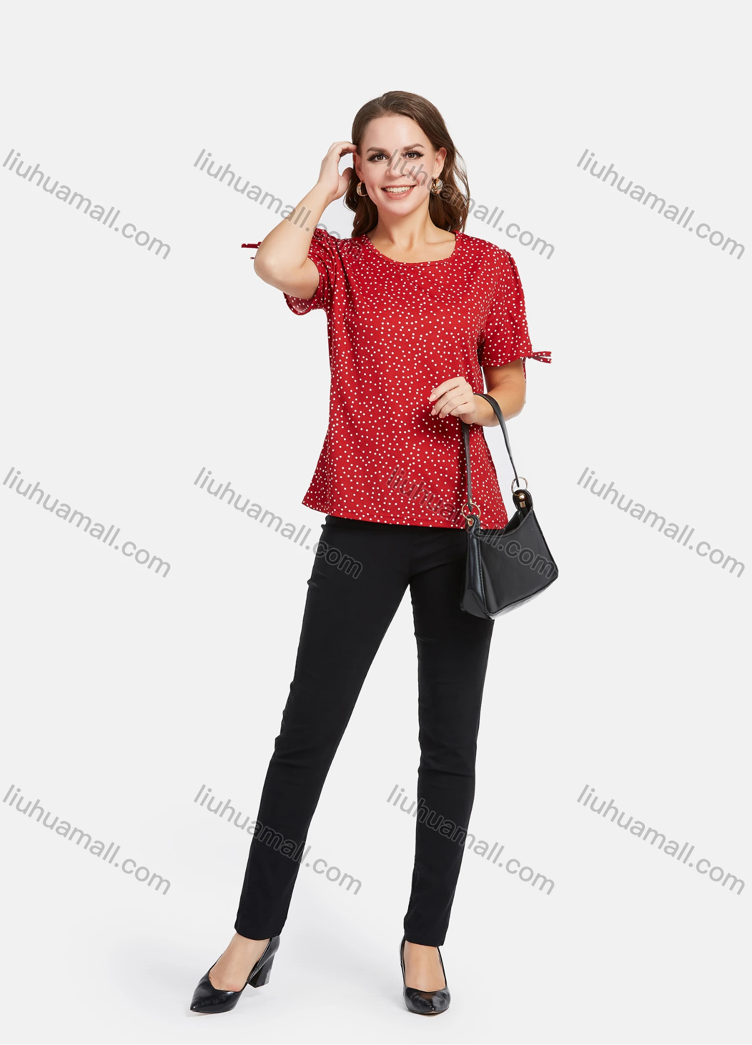 Wholesale Women's Casual Square Neck Short Sleeve Bow Tie Pin Dot Print Tops - Liuhuamall