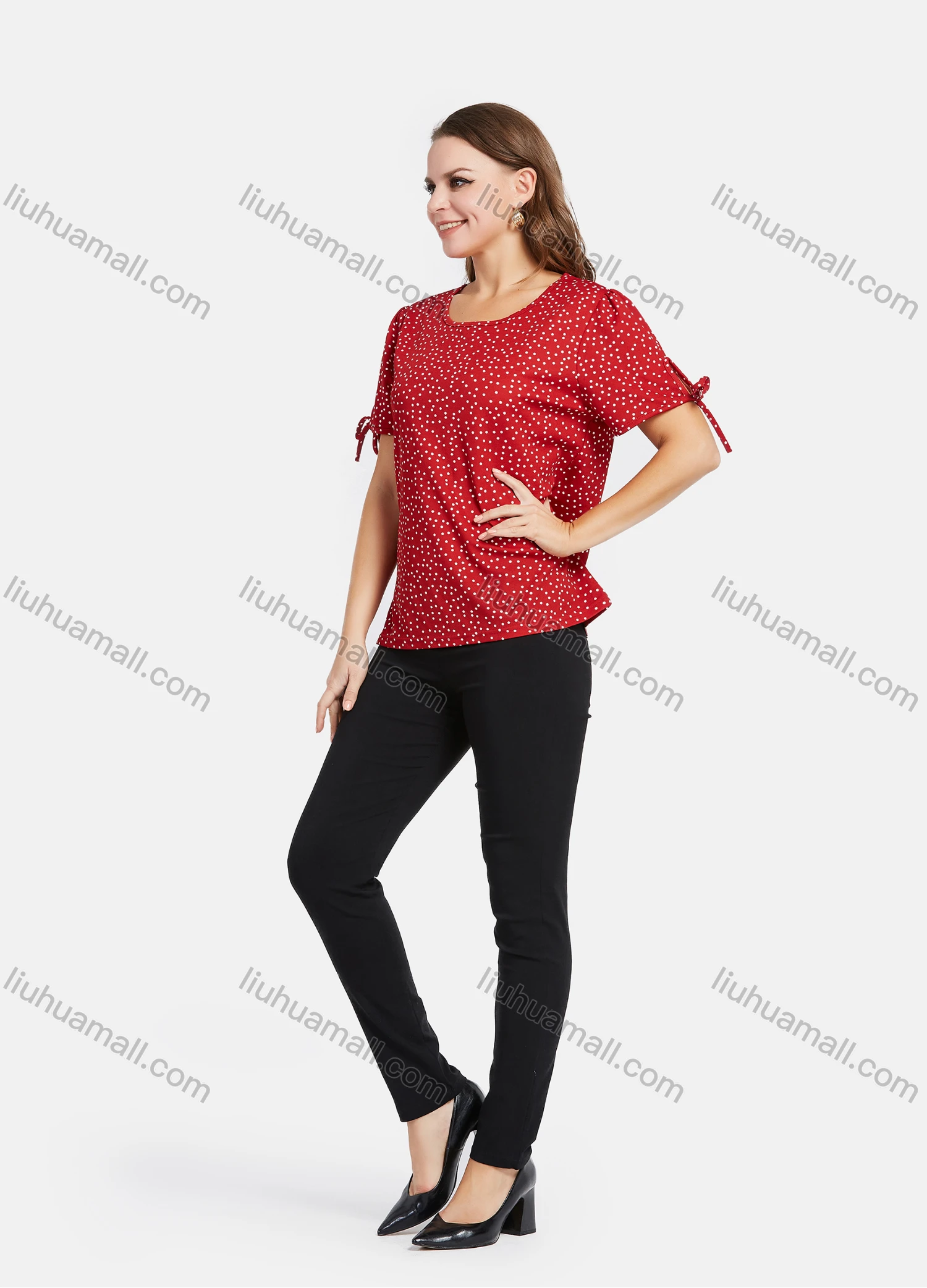 Wholesale Women's Casual Square Neck Short Sleeve Bow Tie Pin Dot Print Tops - Liuhuamall