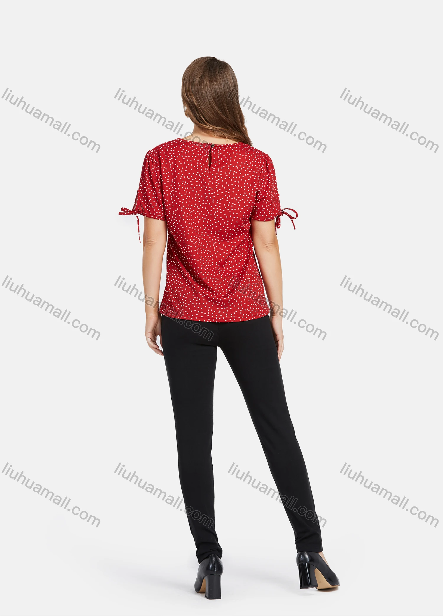 Wholesale Women's Casual Square Neck Short Sleeve Bow Tie Pin Dot Print Tops - Liuhuamall