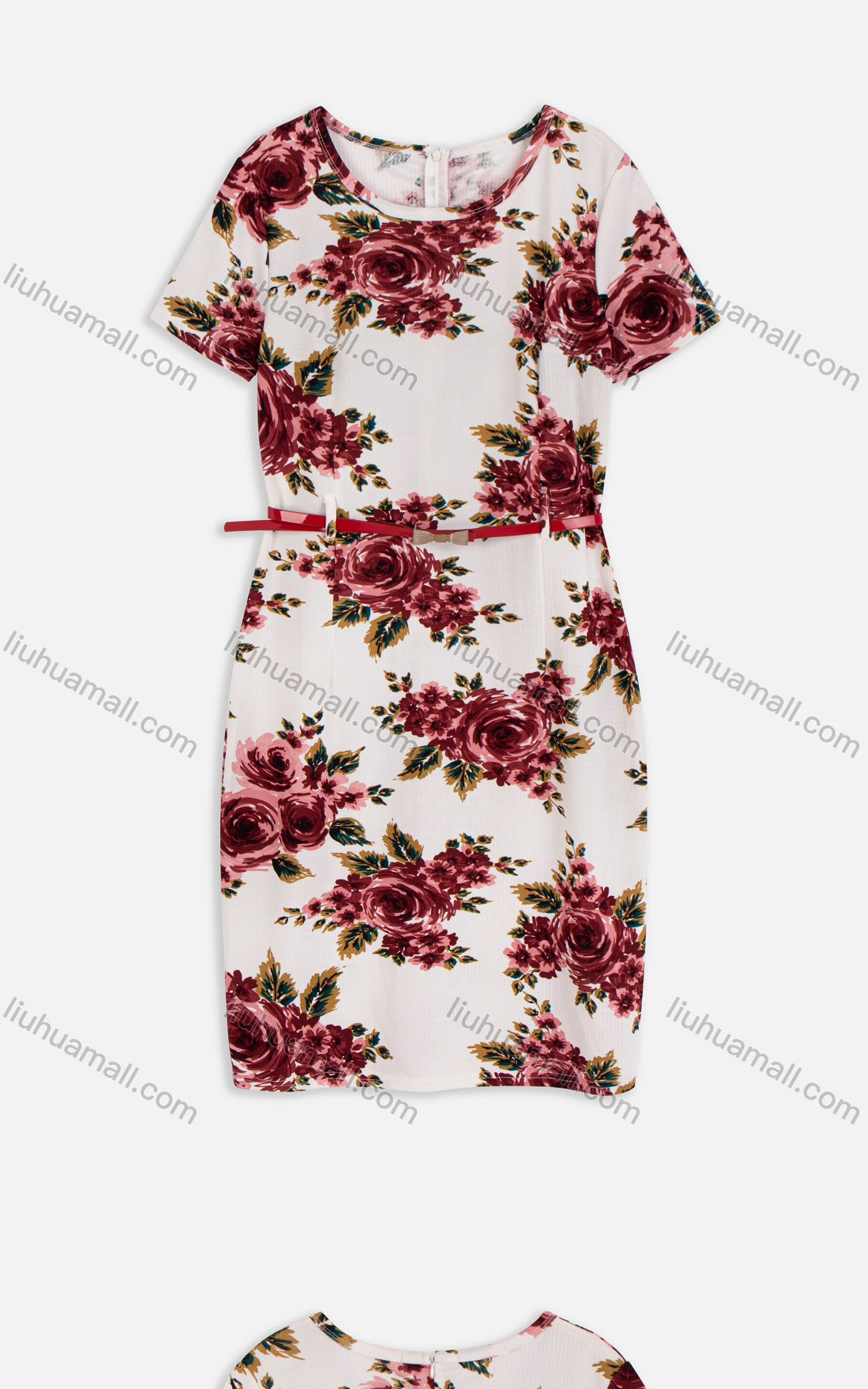 Wholesale Women's Elegant Crew Neck Short Sleeve Floral Print Dress With Belt 118# - Liuhuamall