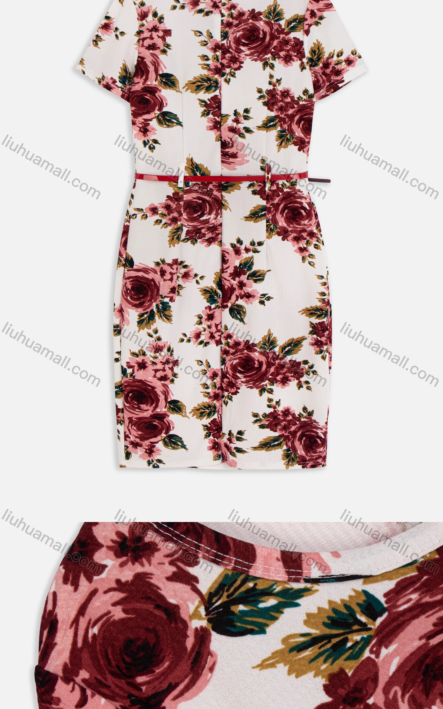 Wholesale Women's Elegant Crew Neck Short Sleeve Floral Print Dress With Belt 118# - Liuhuamall