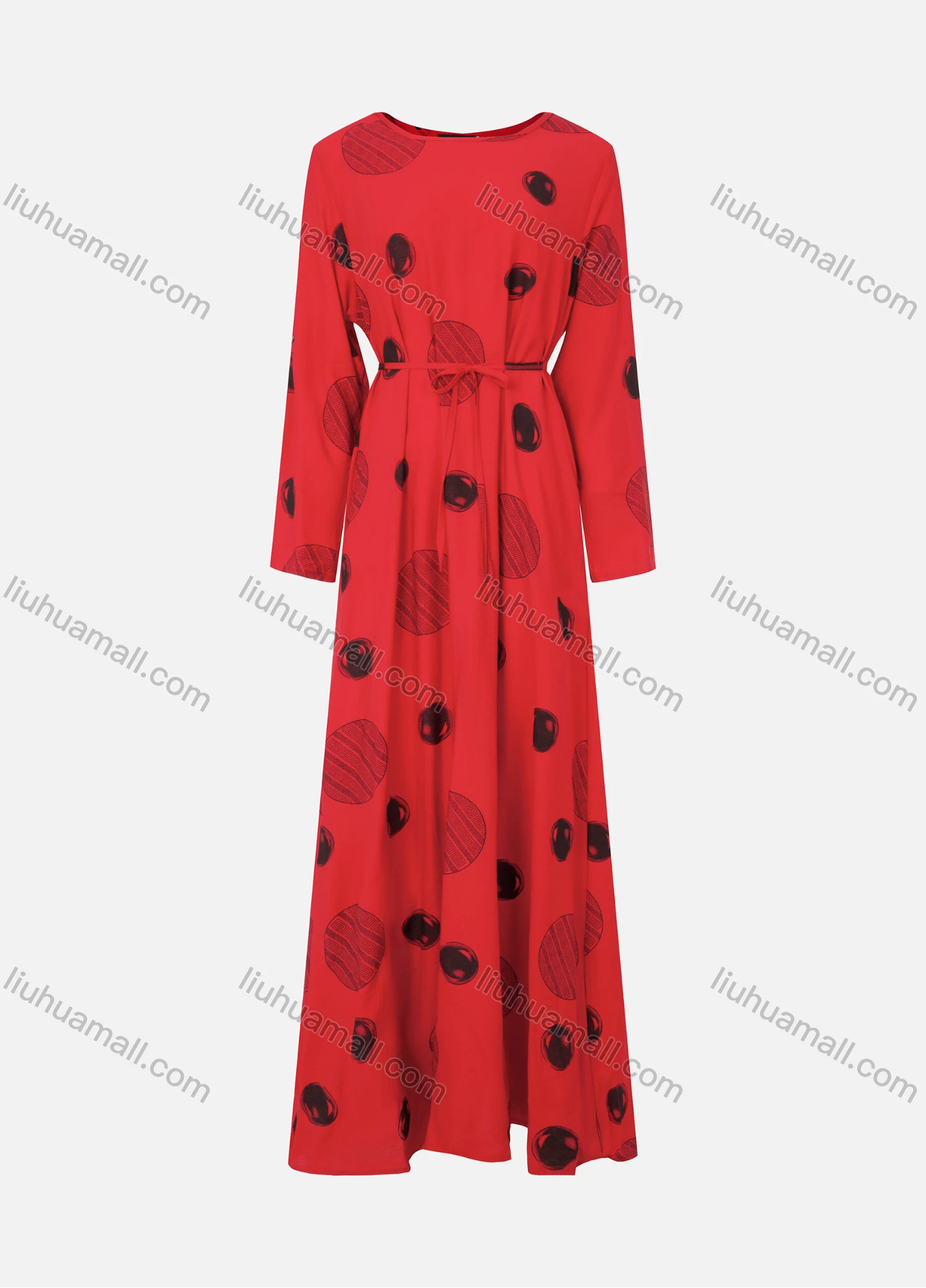 Wholesale Women's Bateau Neck Long Sleeve Allover Print Maxi Dress With Belted 908# - Liuhuamall