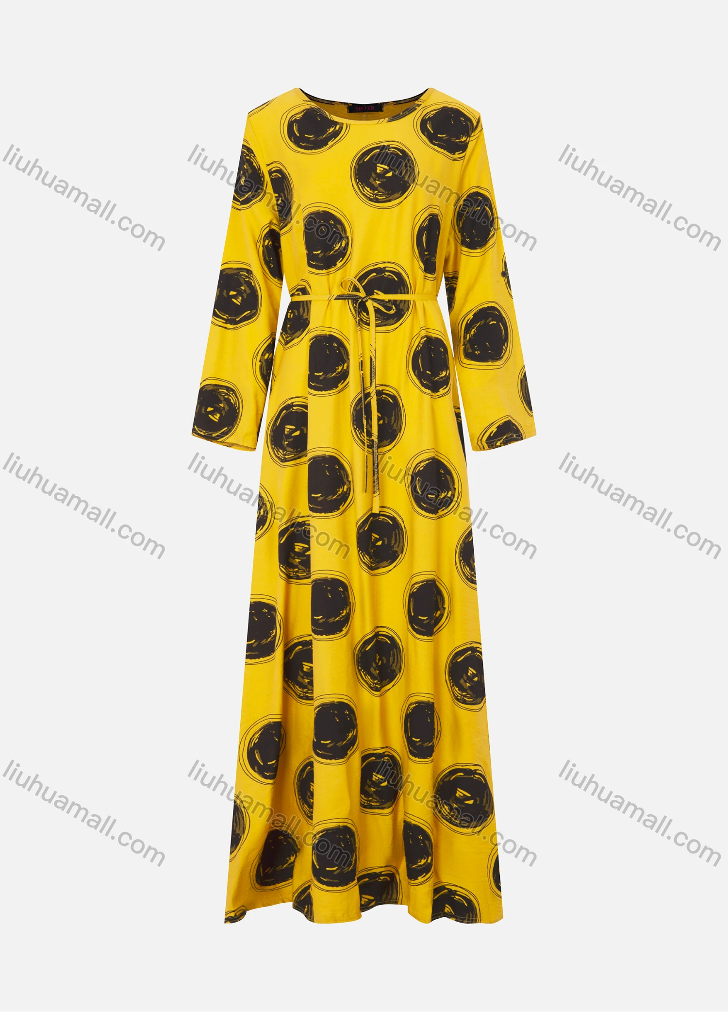 Wholesale Women's Bateau Neck Long Sleeve Allover Print Maxi Dress With Belted 908# - Liuhuamall