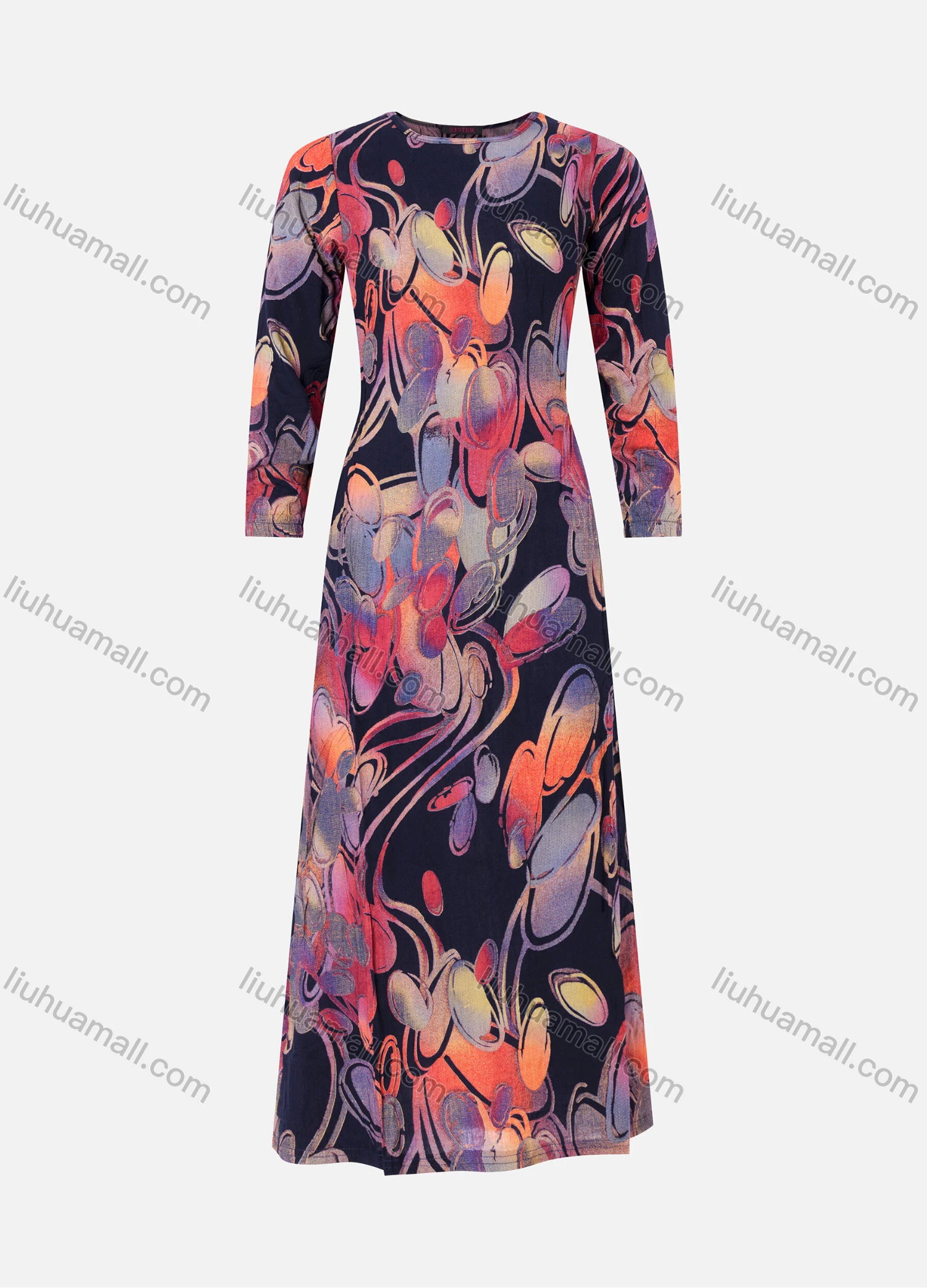 Wholesale Women's Round Neck Long Sleeve Leaf Plant Print Maxi Dress 986# - Liuhuamall