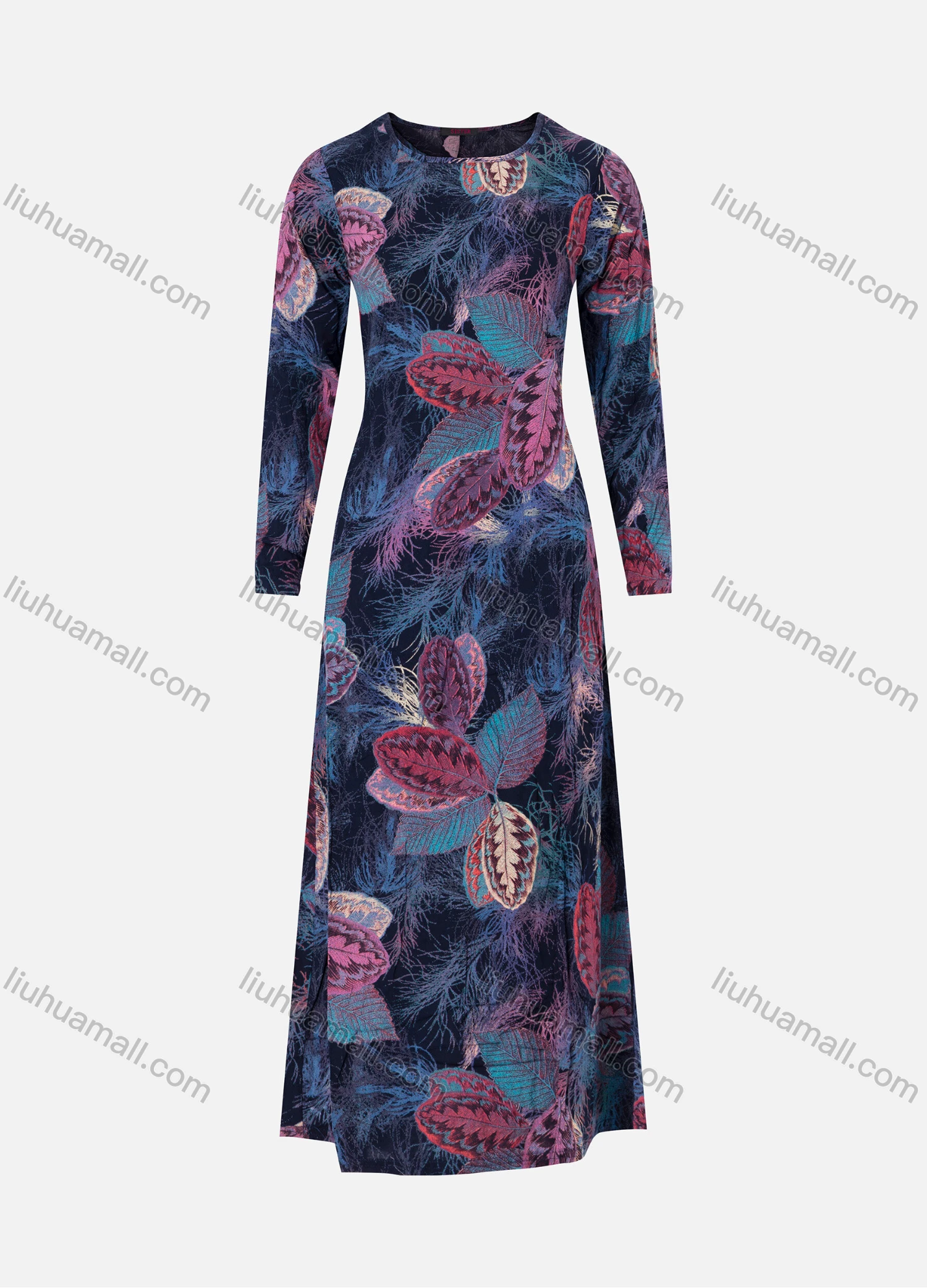 Wholesale Women's Round Neck Long Sleeve Leaf Plant Print Maxi Dress 986# - Liuhuamall