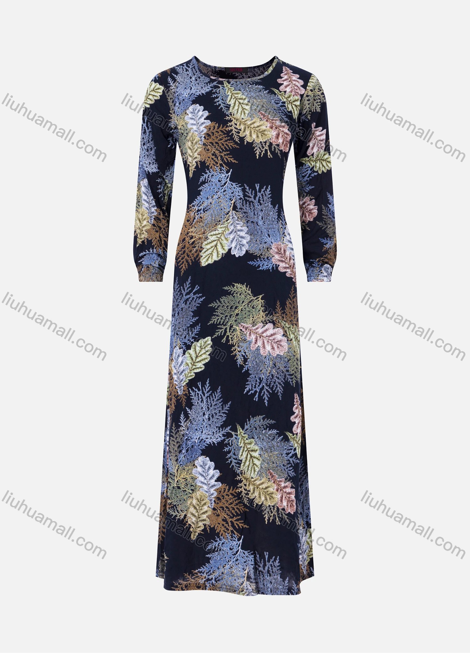 Wholesale Women's Round Neck Long Sleeve Leaf Plant Print Maxi Dress 986# - Liuhuamall