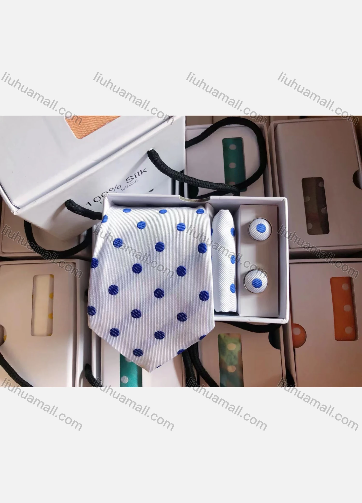 Wholesale Men's Fashion Polka Dot Print Tie & Pocket Square & Cufflinks Sets - Liuhuamall