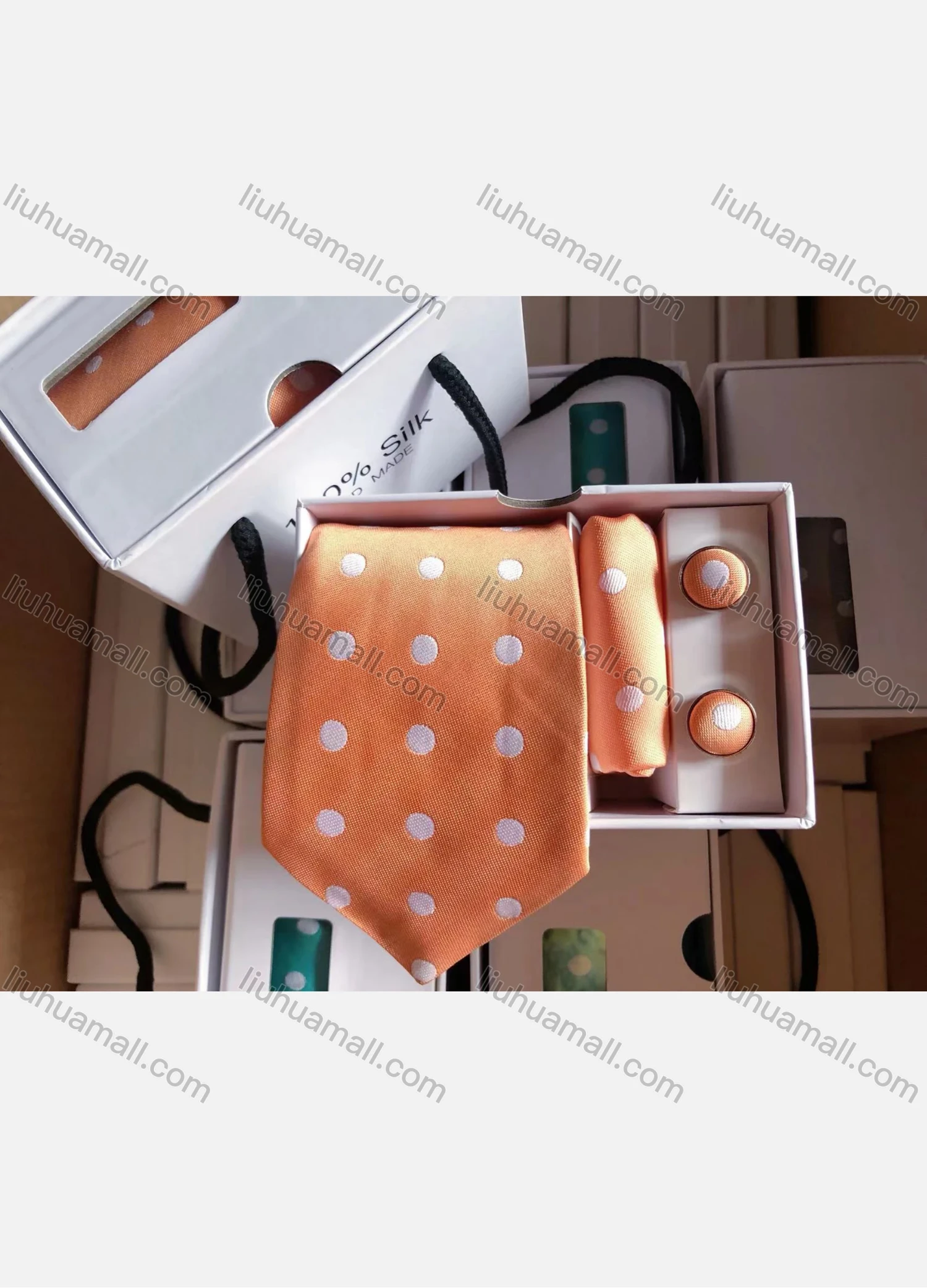Wholesale Men's Fashion Polka Dot Print Tie & Pocket Square & Cufflinks Sets - Liuhuamall