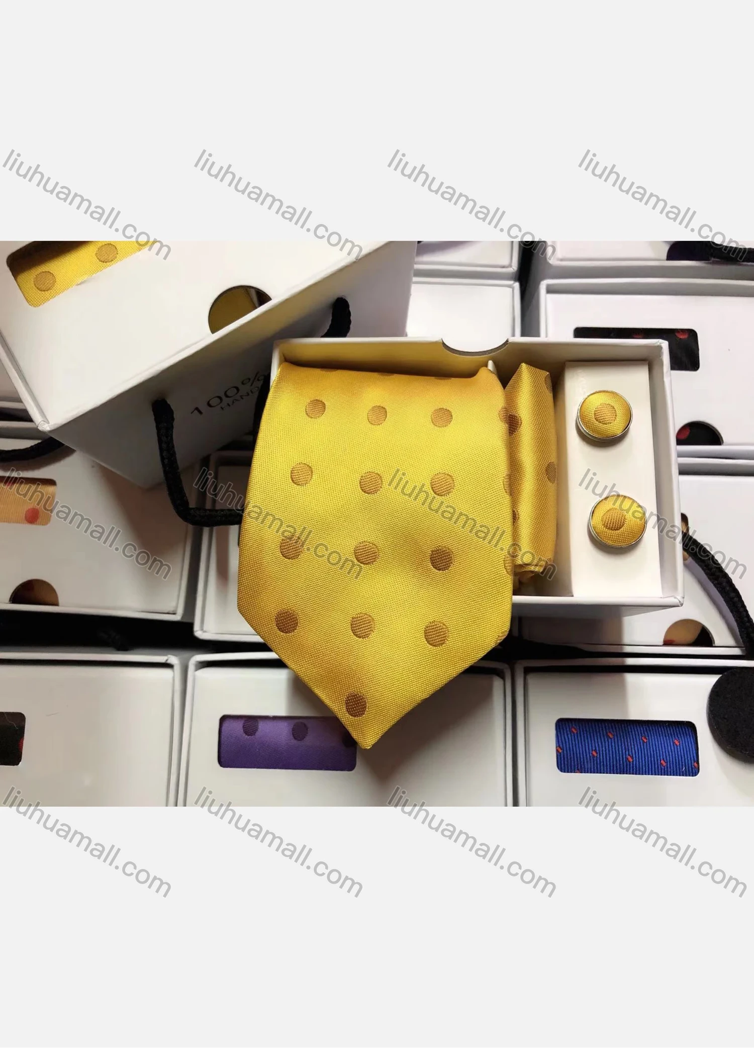 Wholesale Men's Fashion Polka Dot Print Tie & Pocket Square & Cufflinks Sets - Liuhuamall