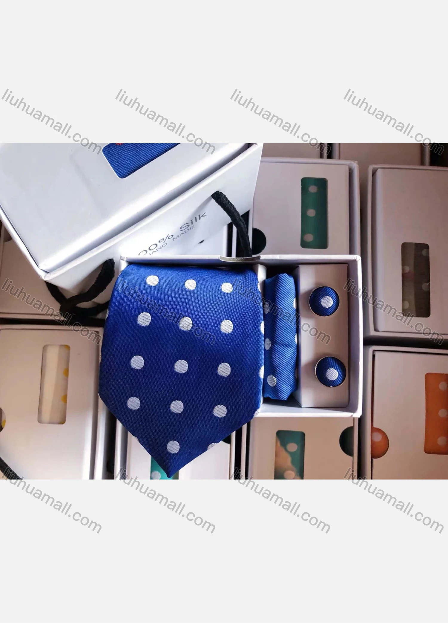 Wholesale Men's Fashion Polka Dot Print Tie & Pocket Square & Cufflinks Sets - Liuhuamall