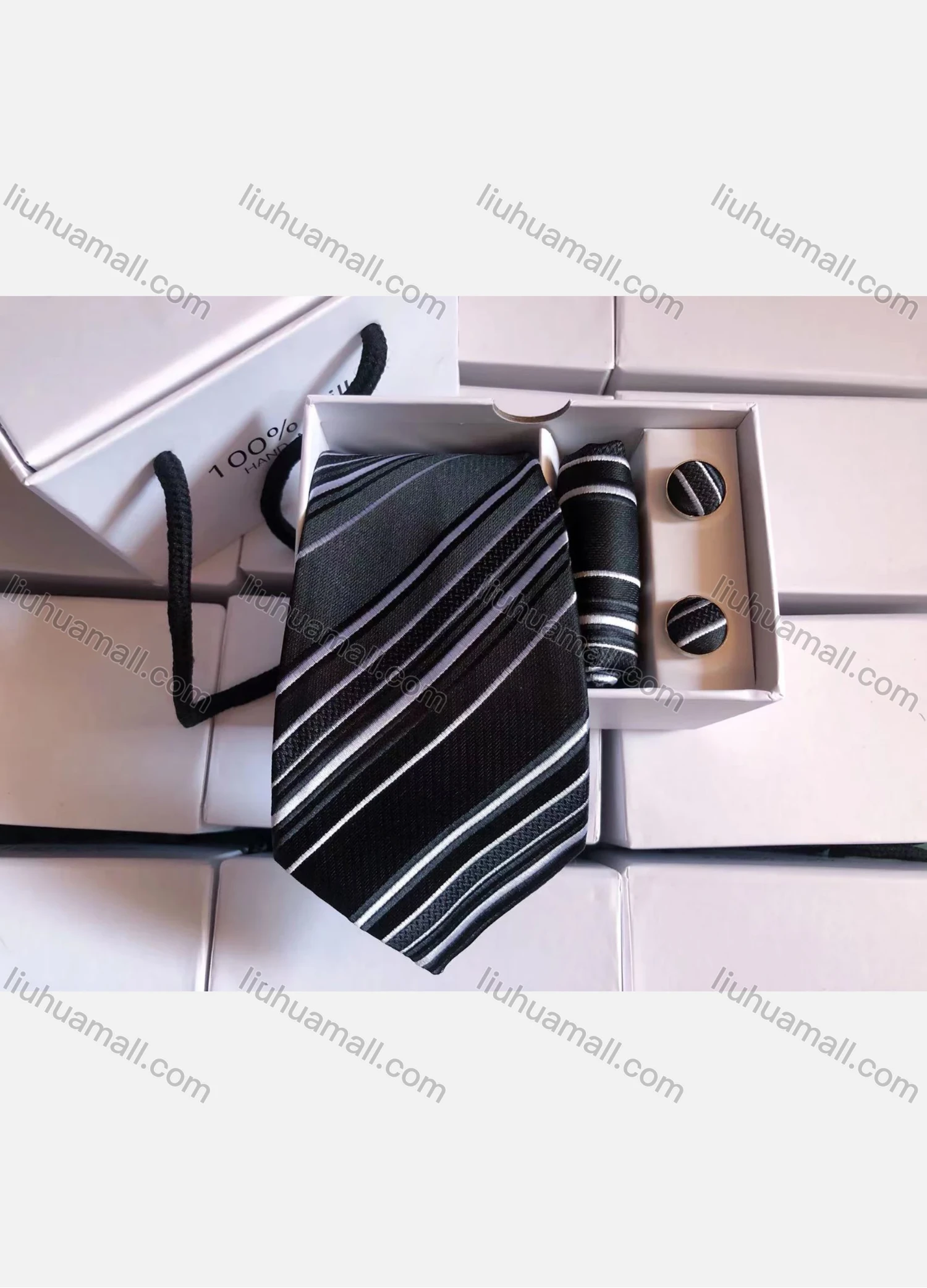 Wholesale Men's Fashion Striped Tie & Pocket Square & Pair Cufflinks Sets - Liuhuamall