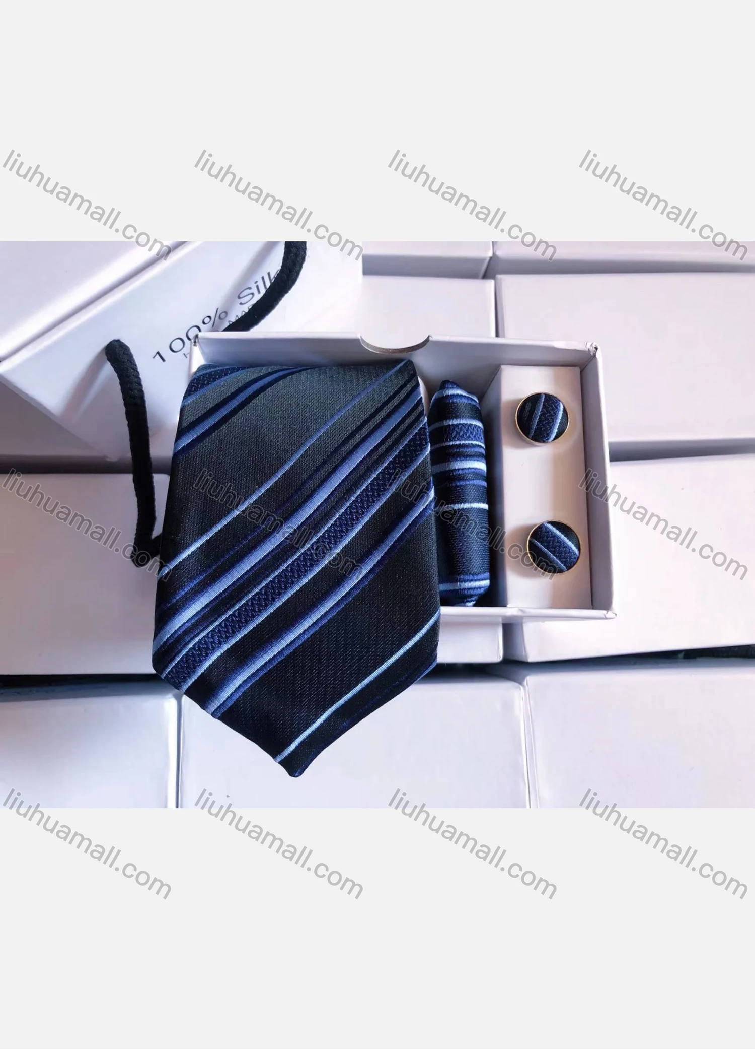 Wholesale Men's Fashion Striped Tie & Pocket Square & Pair Cufflinks Sets - Liuhuamall