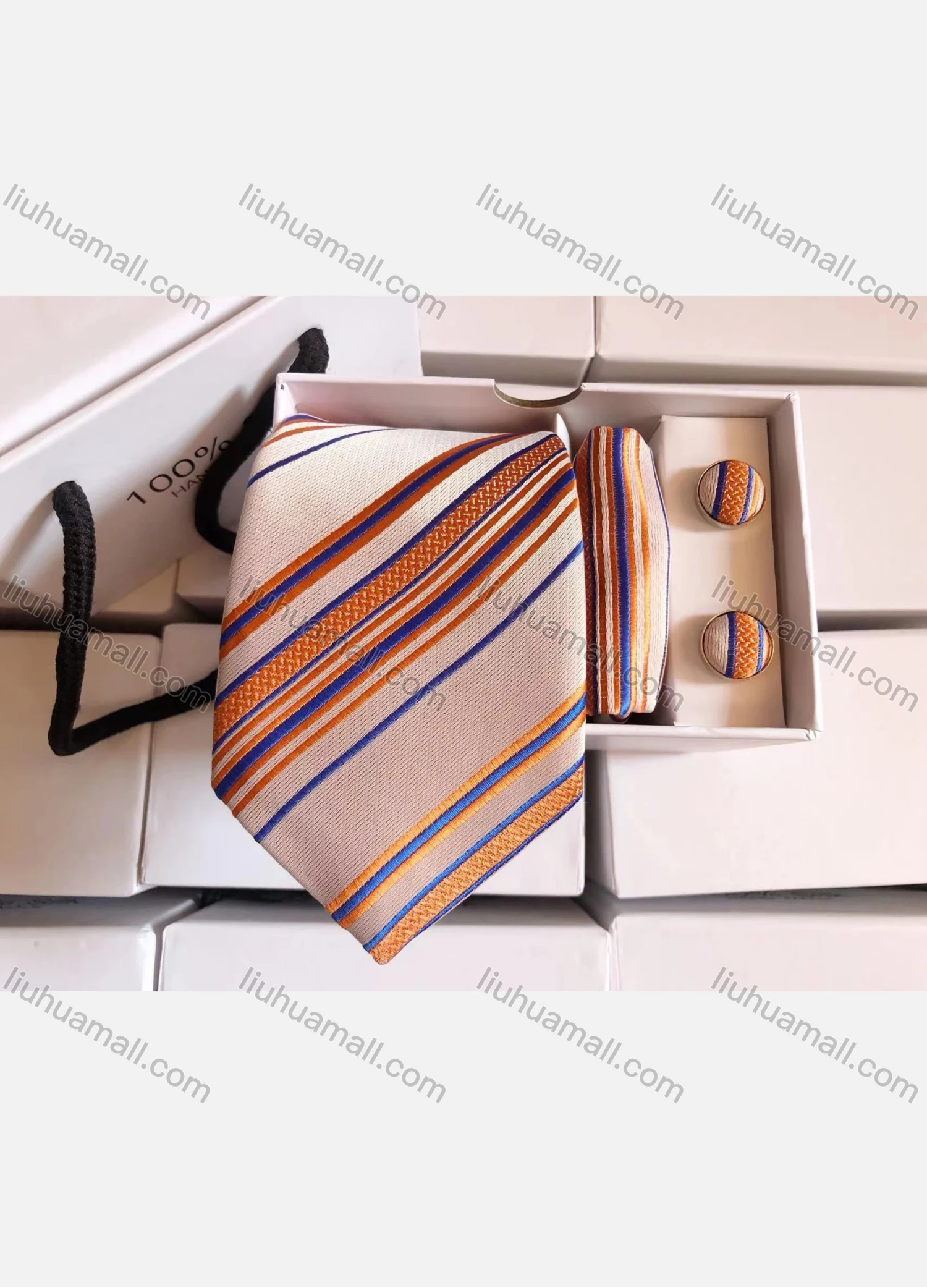 Wholesale Men's Fashion Striped Tie & Pocket Square & Pair Cufflinks Sets - Liuhuamall
