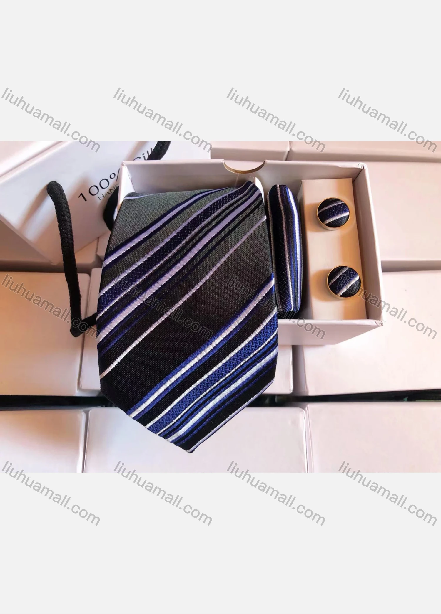 Wholesale Men's Fashion Striped Tie & Pocket Square & Pair Cufflinks Sets - Liuhuamall