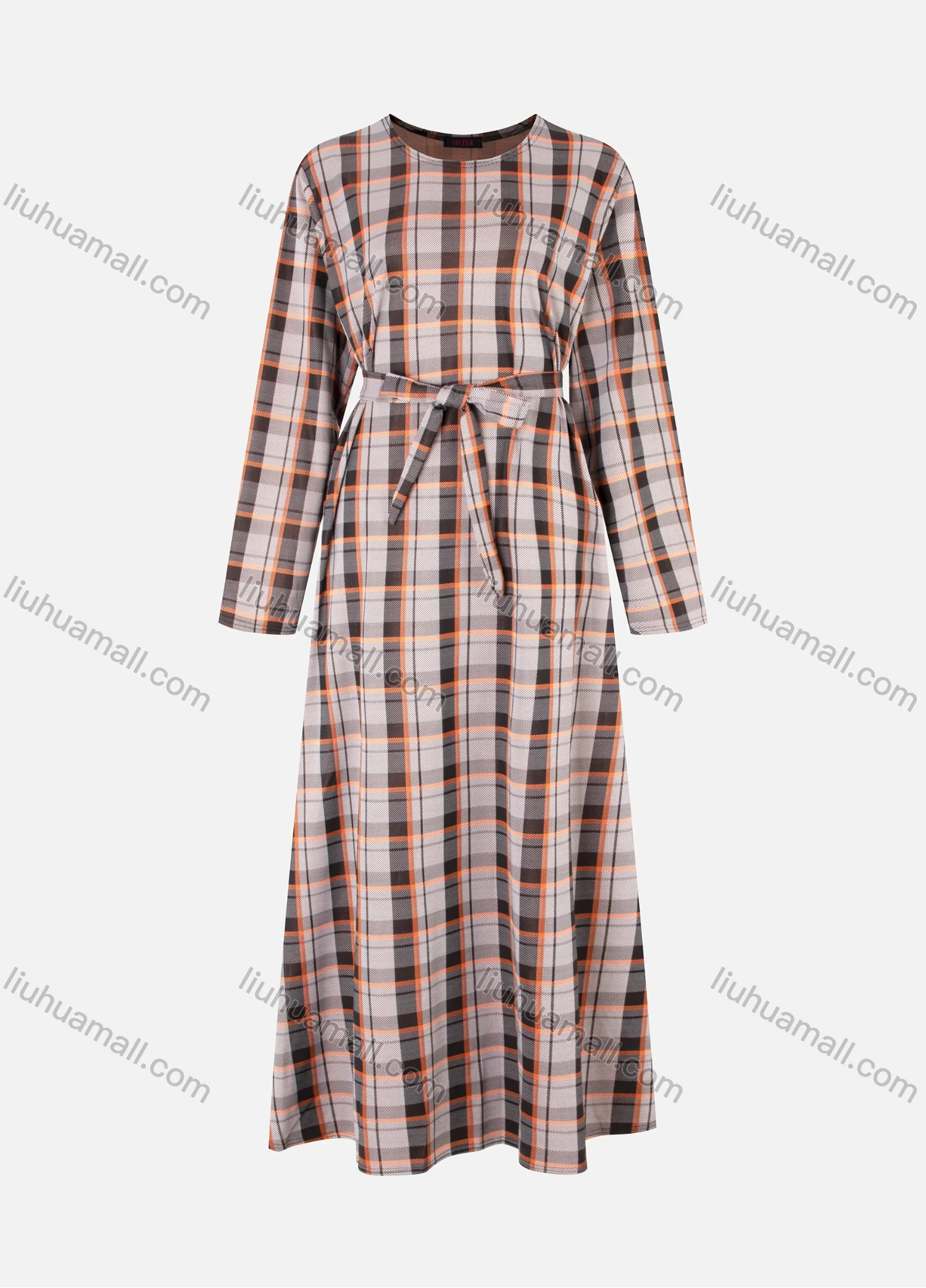Wholesale Women's Casual Round-Neck Long Sleeve Gingham Print A-Line Maxi Dress With Belt 953-5# - Liuhuamall