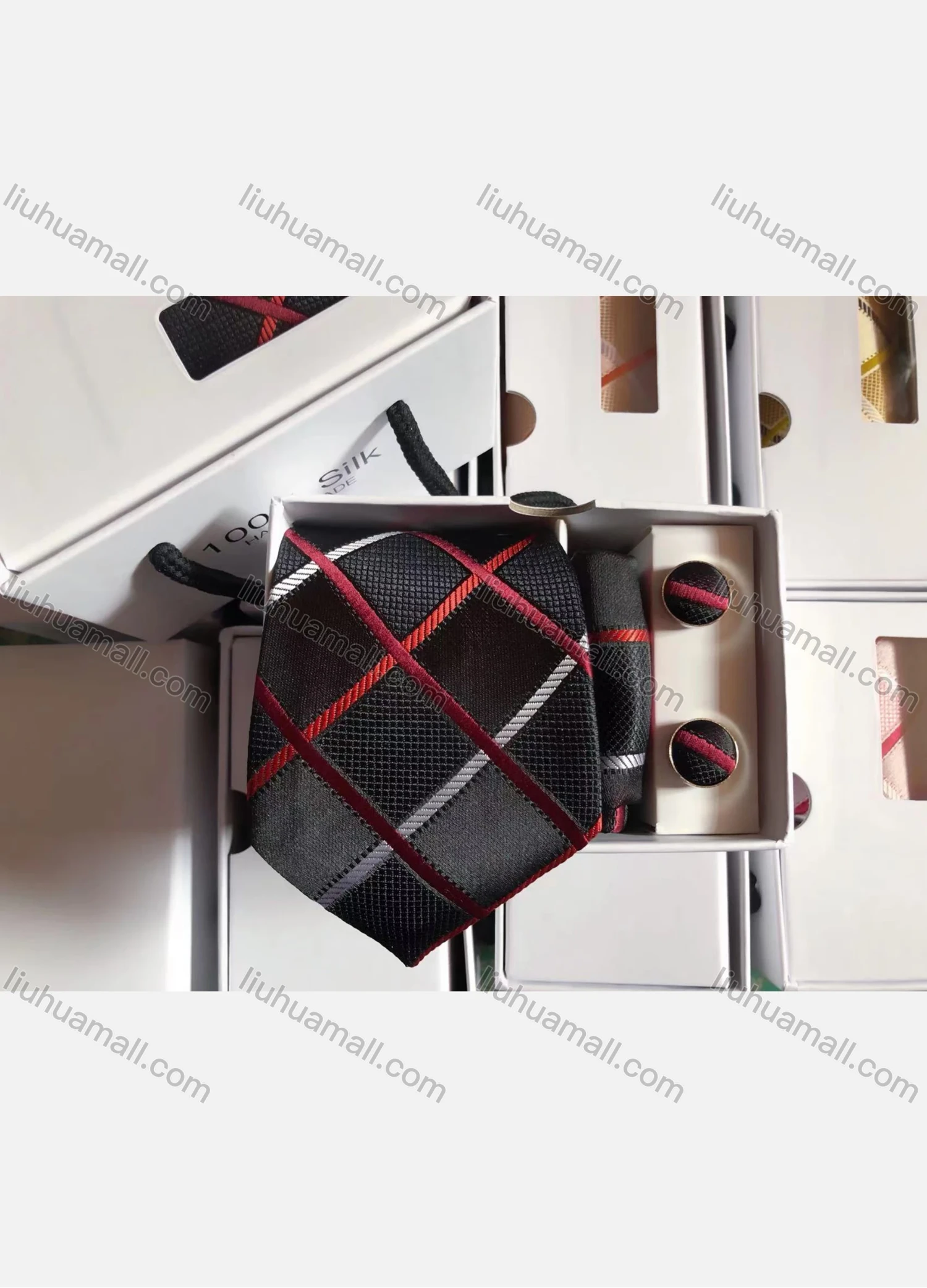 Wholesale Men's Fashion Argyle Colorblock Print Tie & Pocket Square & Cufflinks Sets - Liuhuamall